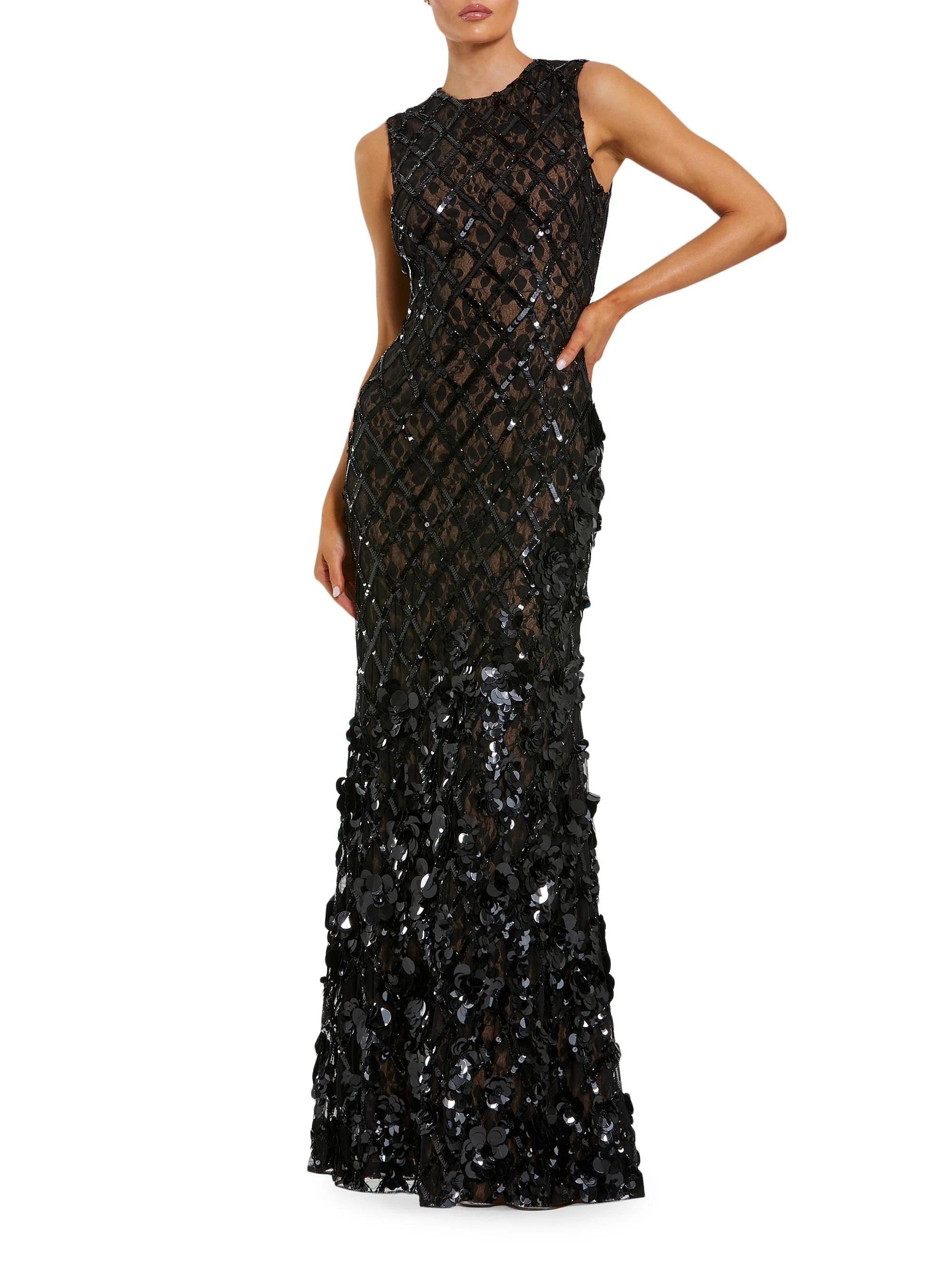 Women's Mesh Beaded Sequin Mermaid Gown - Black Beige - 1