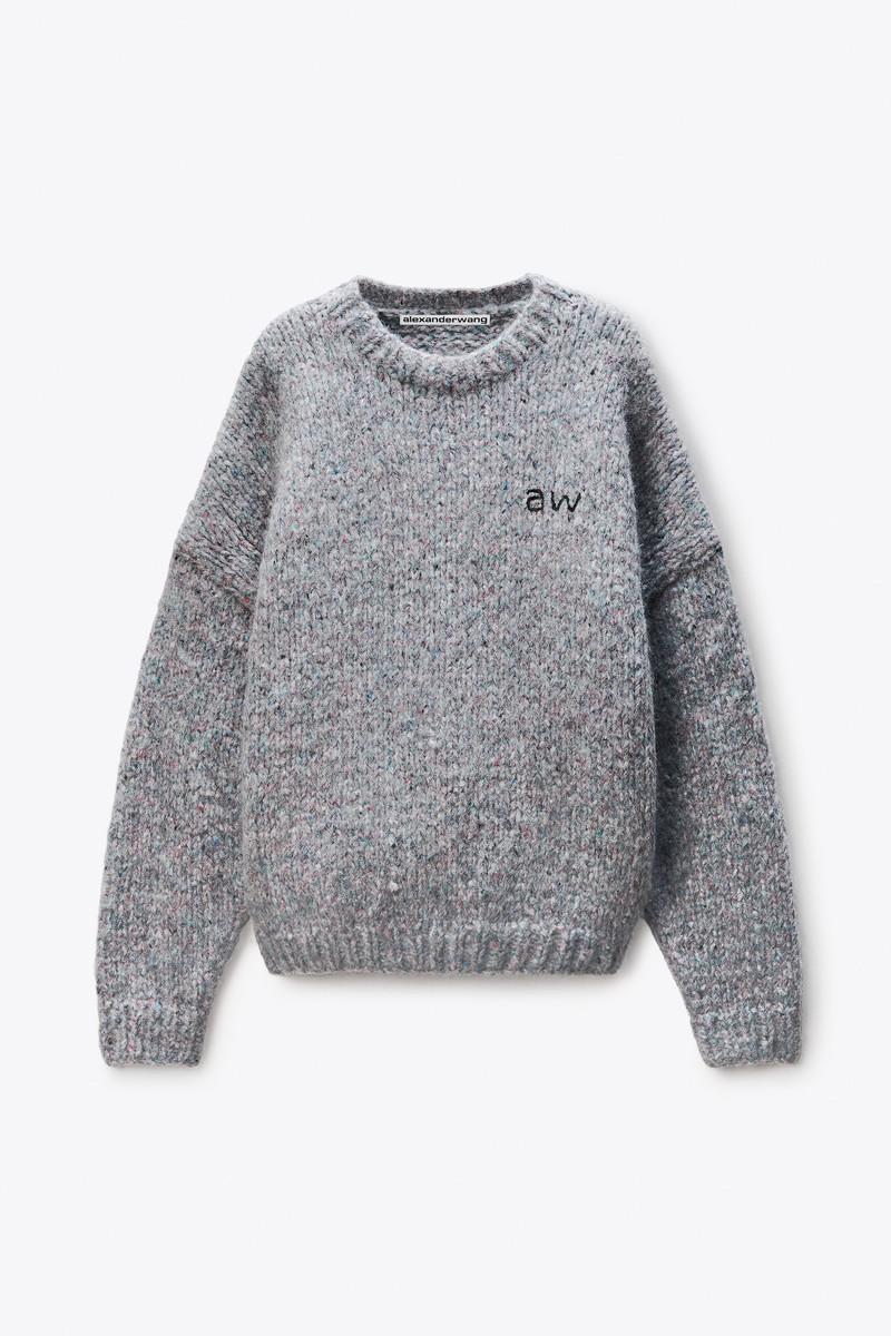 Grey Oversized Pullover with Hand-Crochet Logo 1