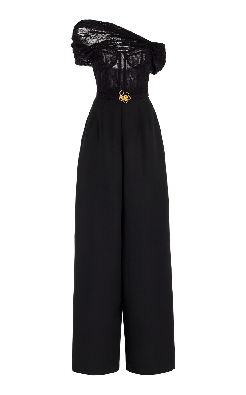Lace-Trimmed Grain De Poudre Wool Jumpsuit black 1