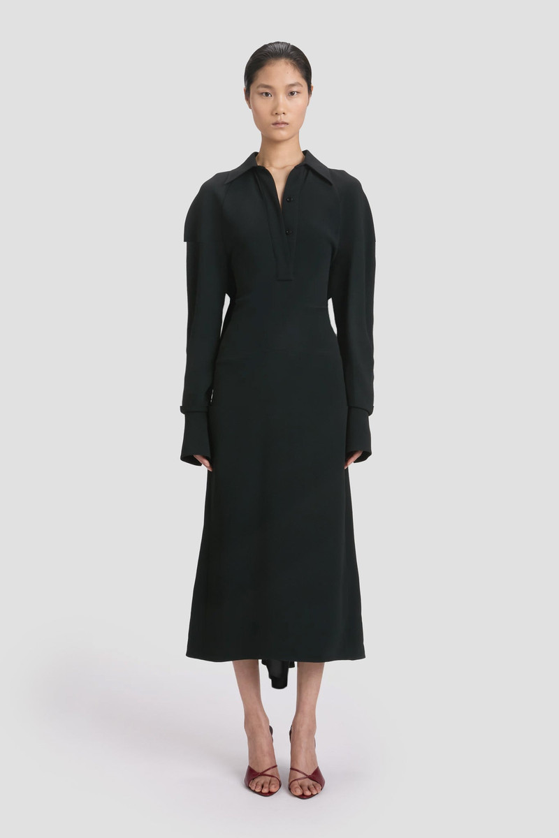 Victoria Beckham Long Sleeve Polo Collar Midi Dress In Black outlook