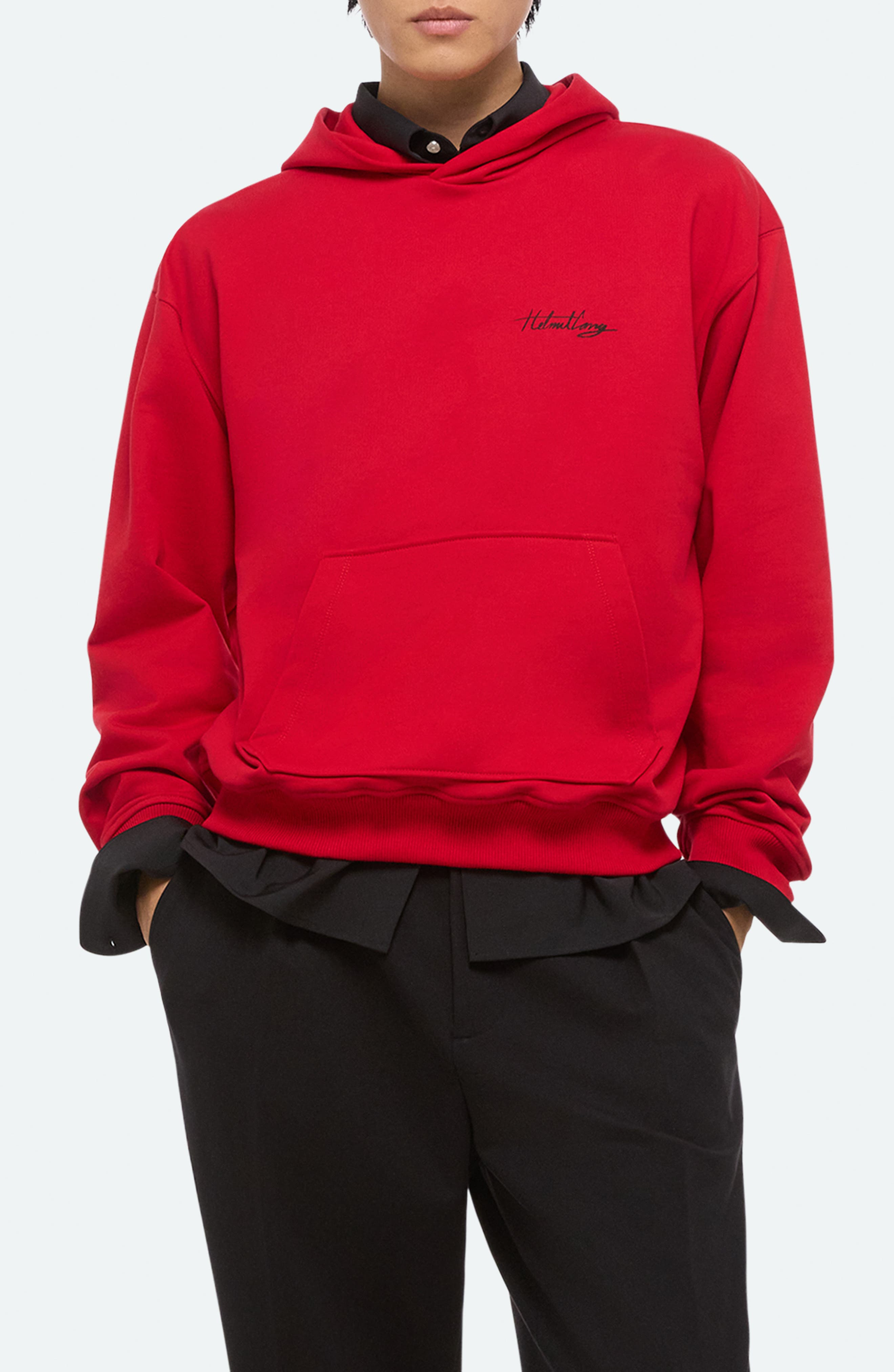 Helmut Lang Sketch Compact Cotton Graphic Hoodie in Deep Red - 1