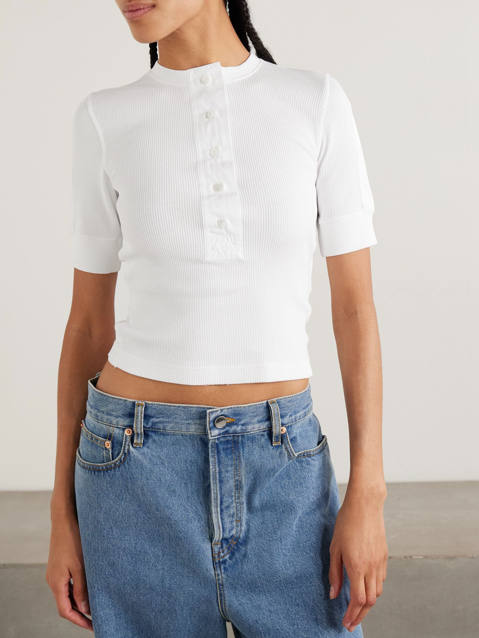 Cotton-poplin trimmed ribbed cotton-blend top White - 3