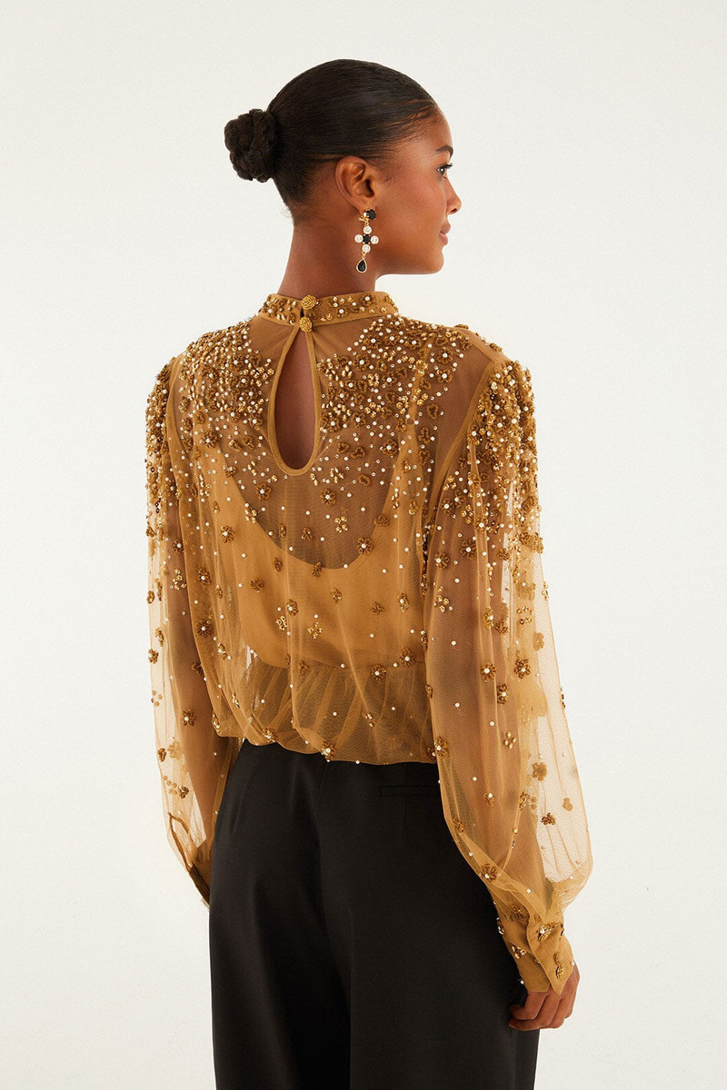 Caramel Embroidered Tulle Lined Blouse 3