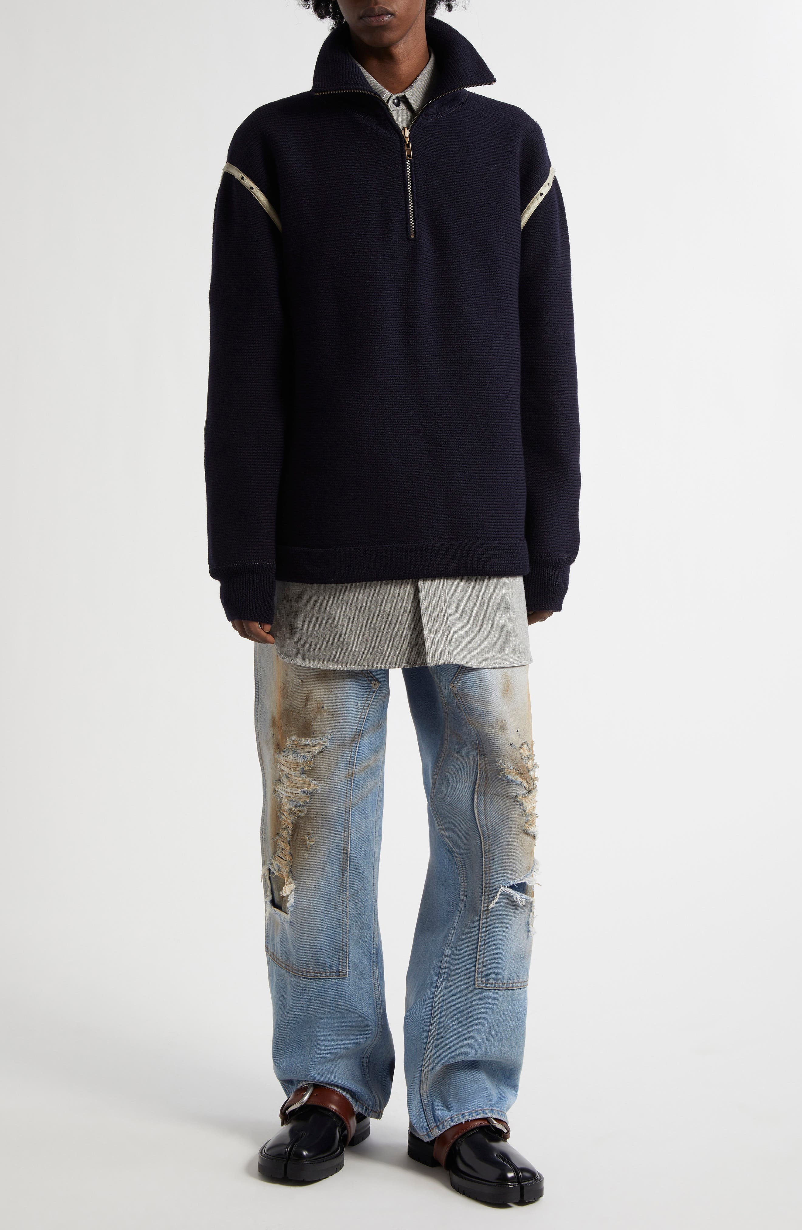 Maison Margiela Elbow Patch Half Zip Wool Pullover in Navy at Nordstrom - 2