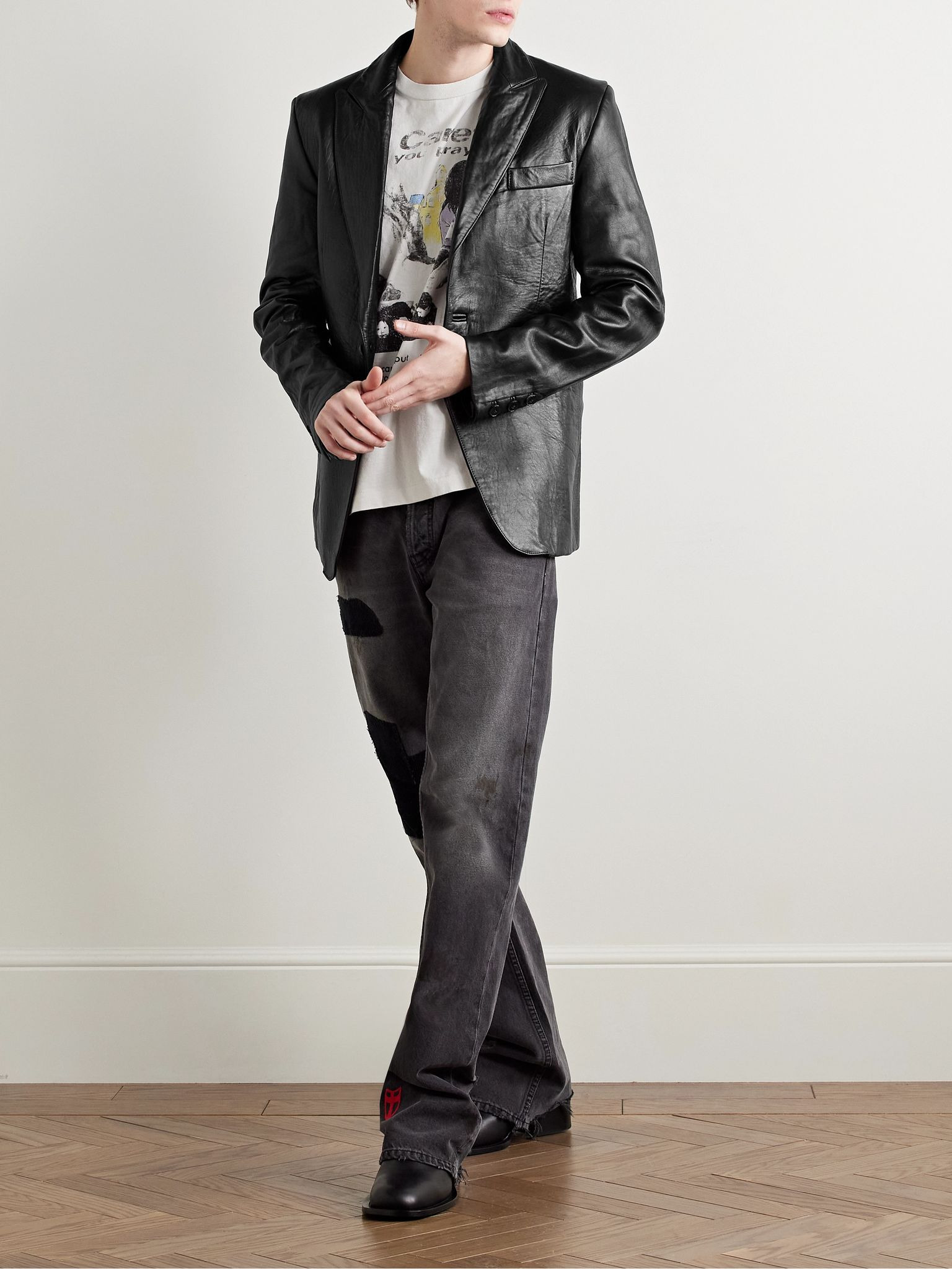 Slim-Fit Crinkled-Leather Blazer Black - 2