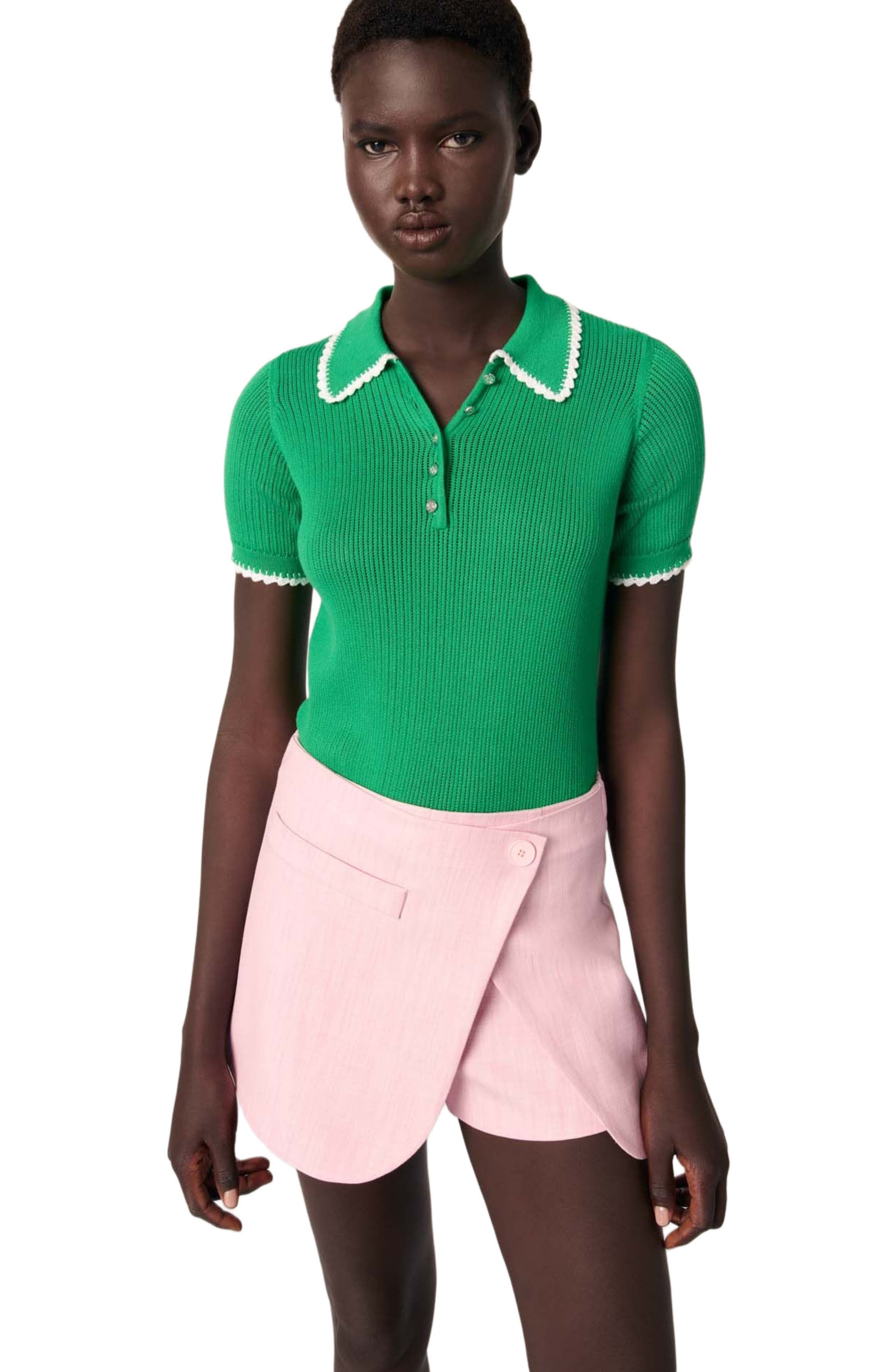 maje Pointelle knit crochet polo in Green /White at Nordstrom - 1