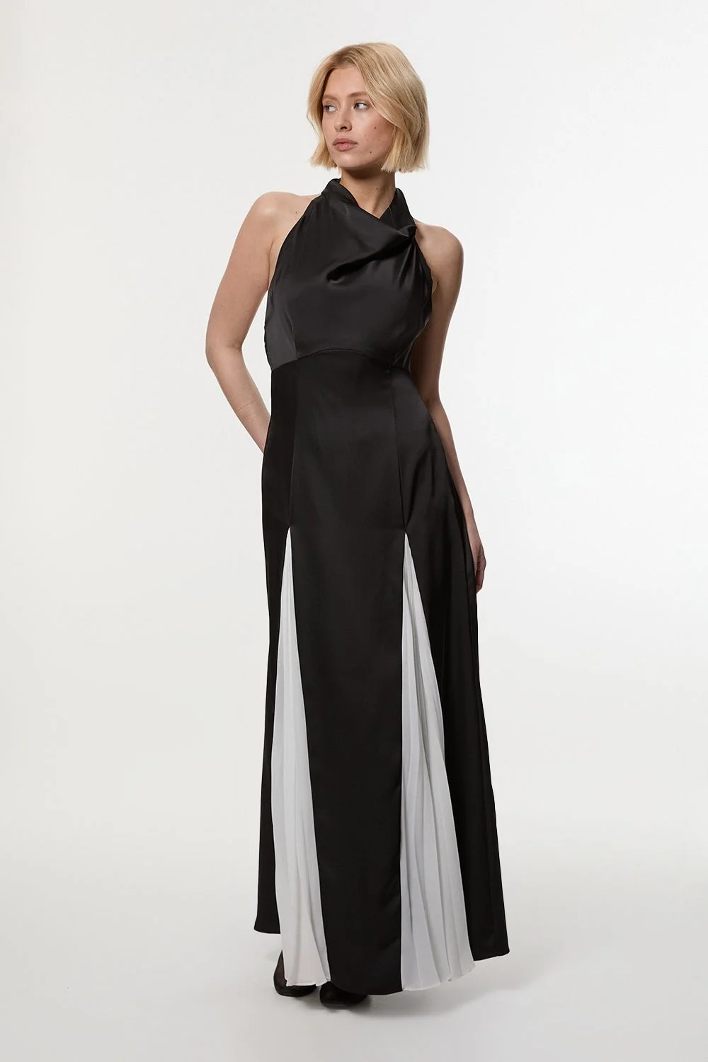 Drama Halter Pleat Insert Woven Maxi Dress - 1