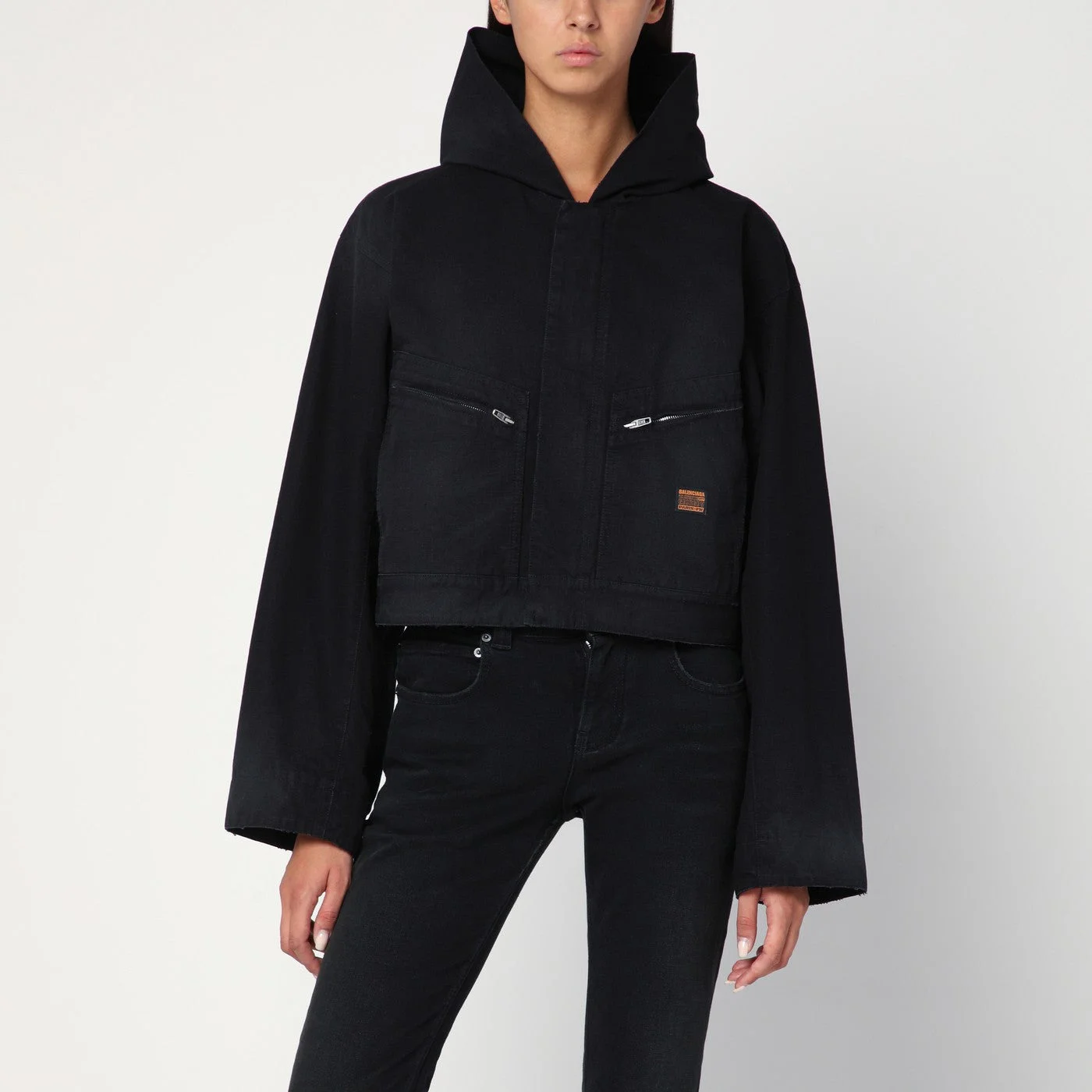 Cropped jacket with hood in black - 1