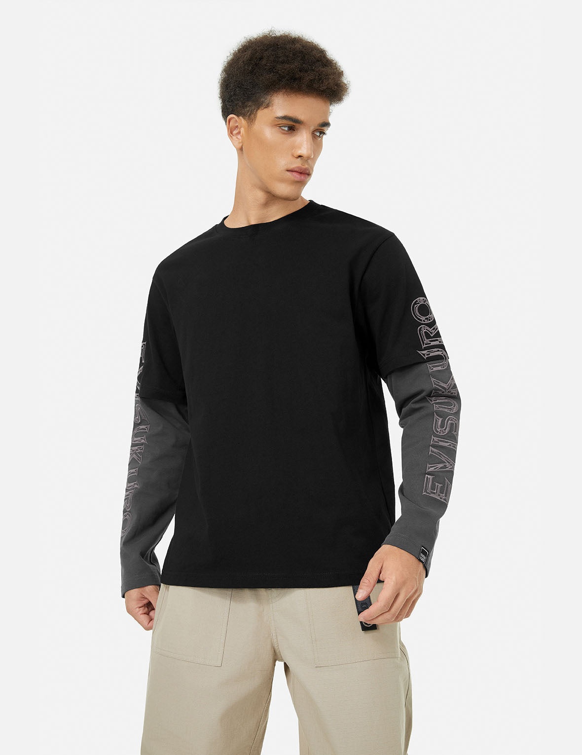 2-in-1 3D Logo Embroidery Loose Fit Long Sleeve T-shirt - 5