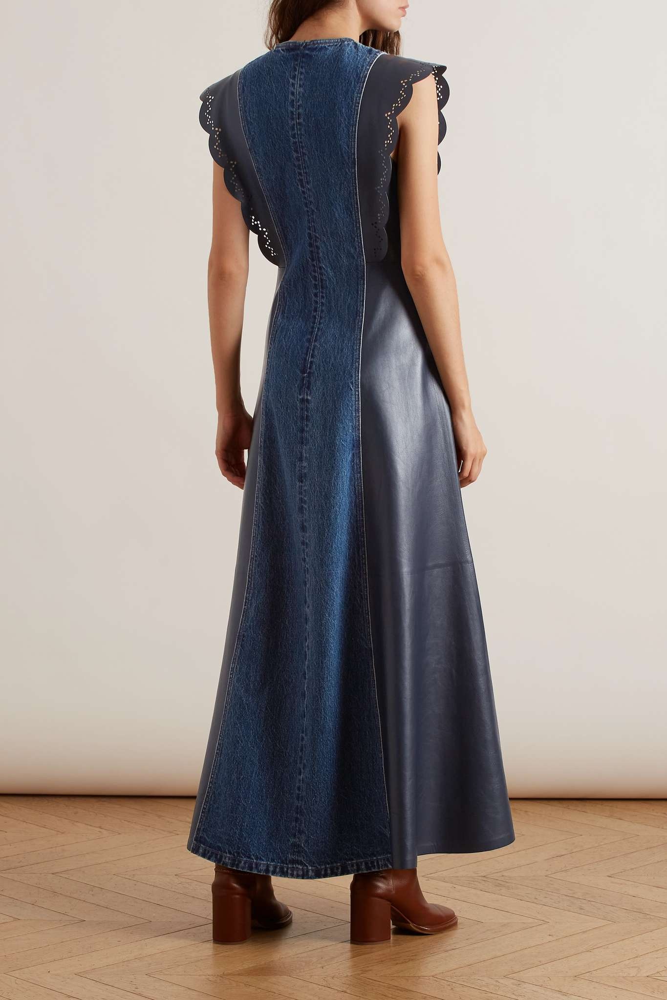 Embellished organic denim and scalloped leather maxi dress - 4