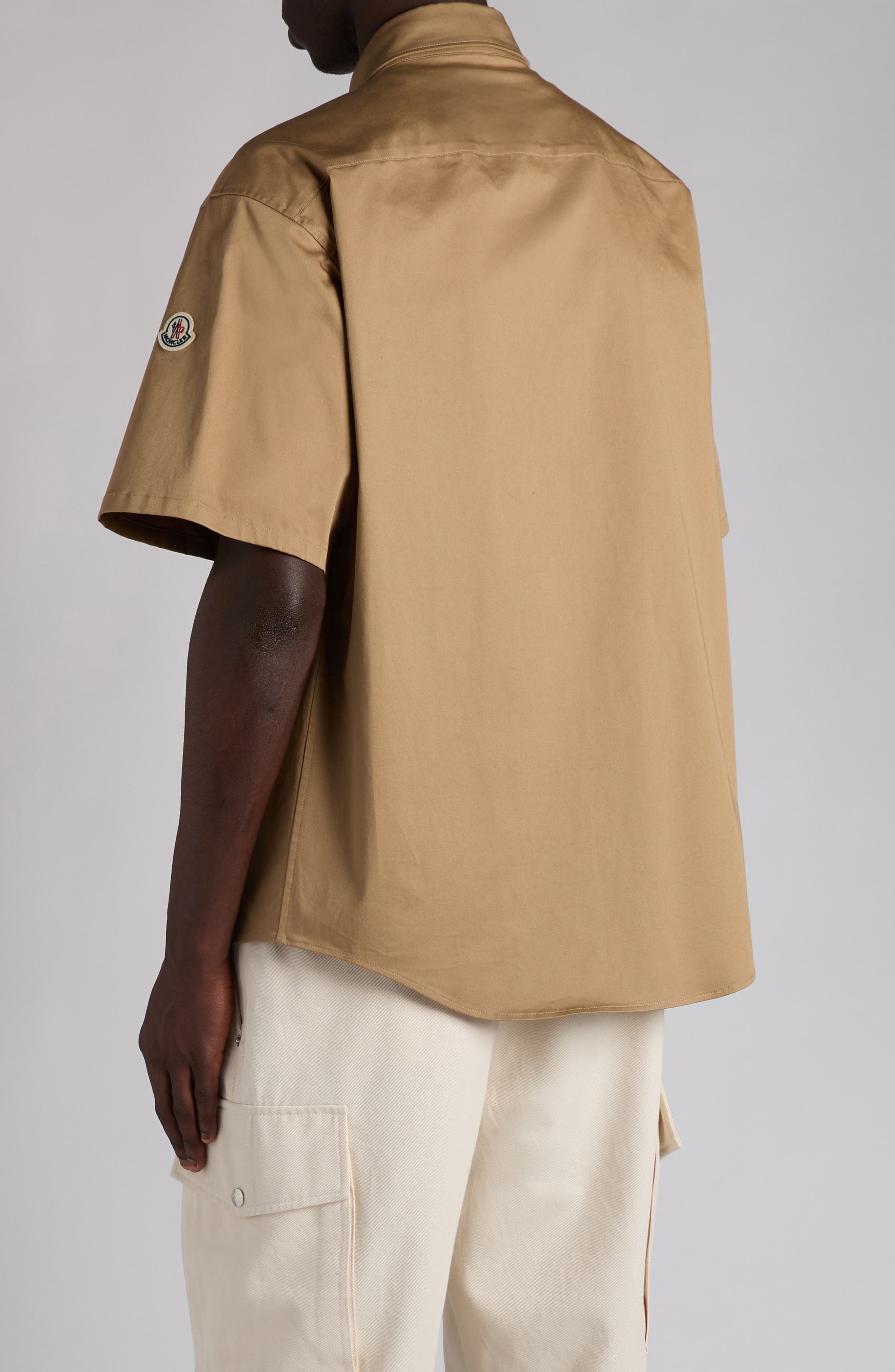 Moncler Short Sleeve Cotton Stretch Gabardine Utility Shirt in Caramel at Nordstrom - 3