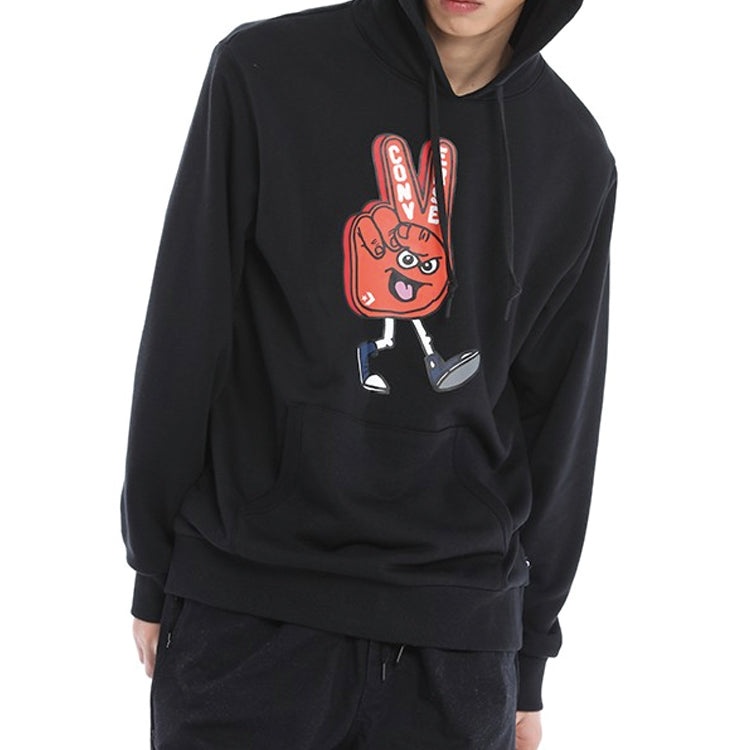 Converse Finger Letter Print Hooded Drawstring Sweatshirt Men's Black 10019083-A01 - 5