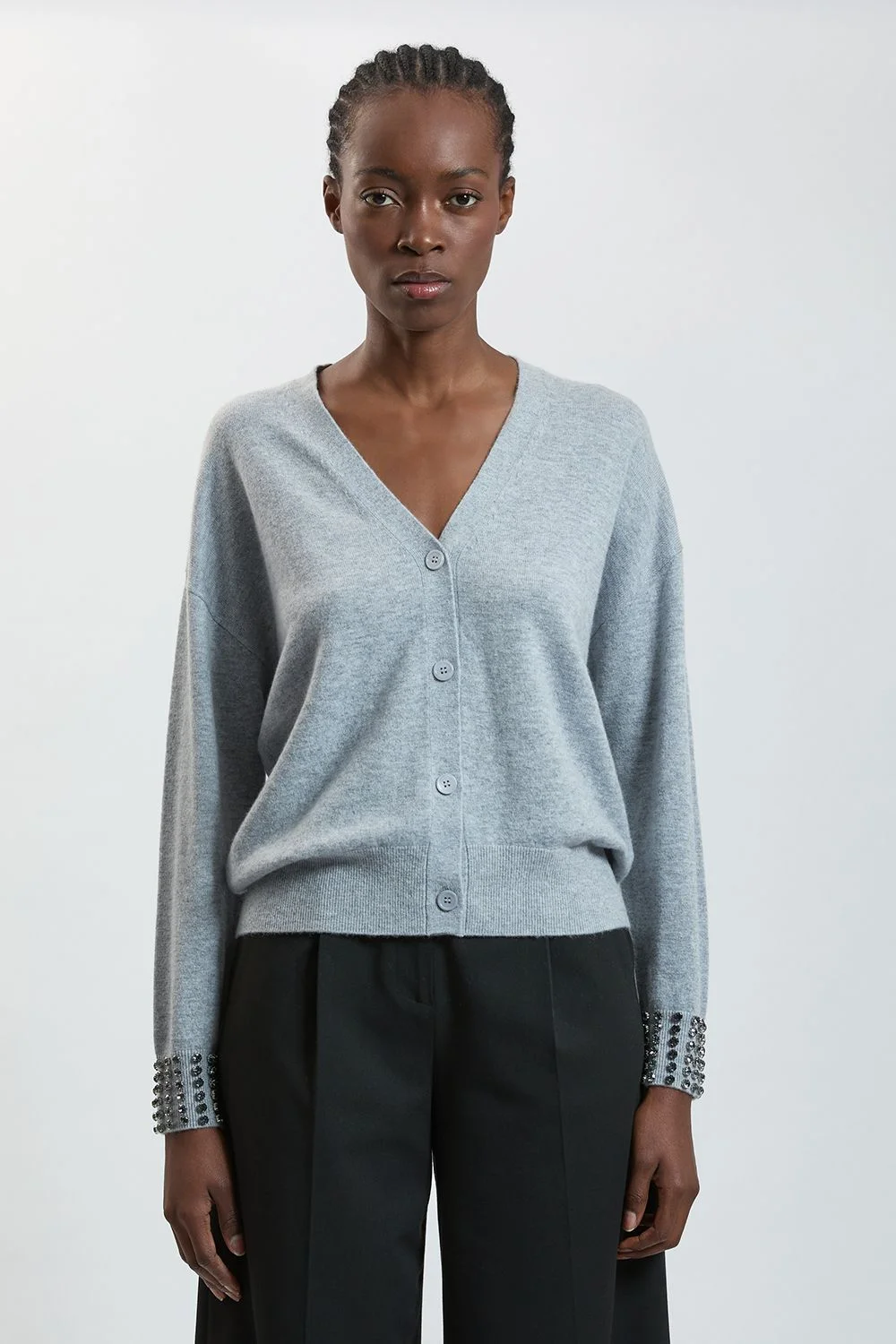 Cashmere Knit Crystal Cuff Detail Boyfriend Cardigan - 1