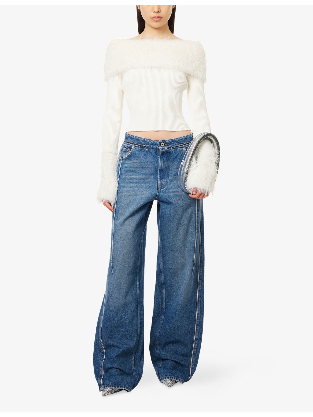 Off-Shoulder Faux Fur-Trim Ribbed Jumper - 2