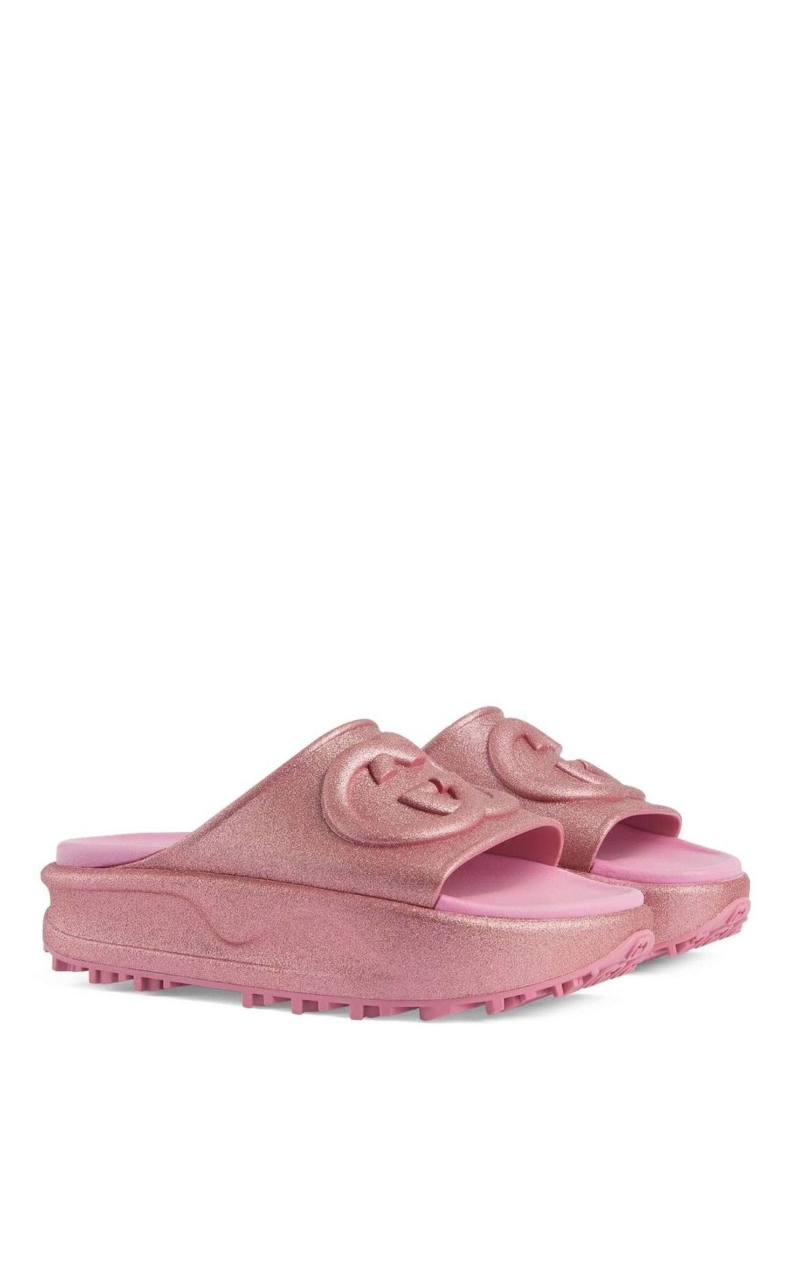 Miami GG-Embossed Glittered Rubber Platform Slides - 3