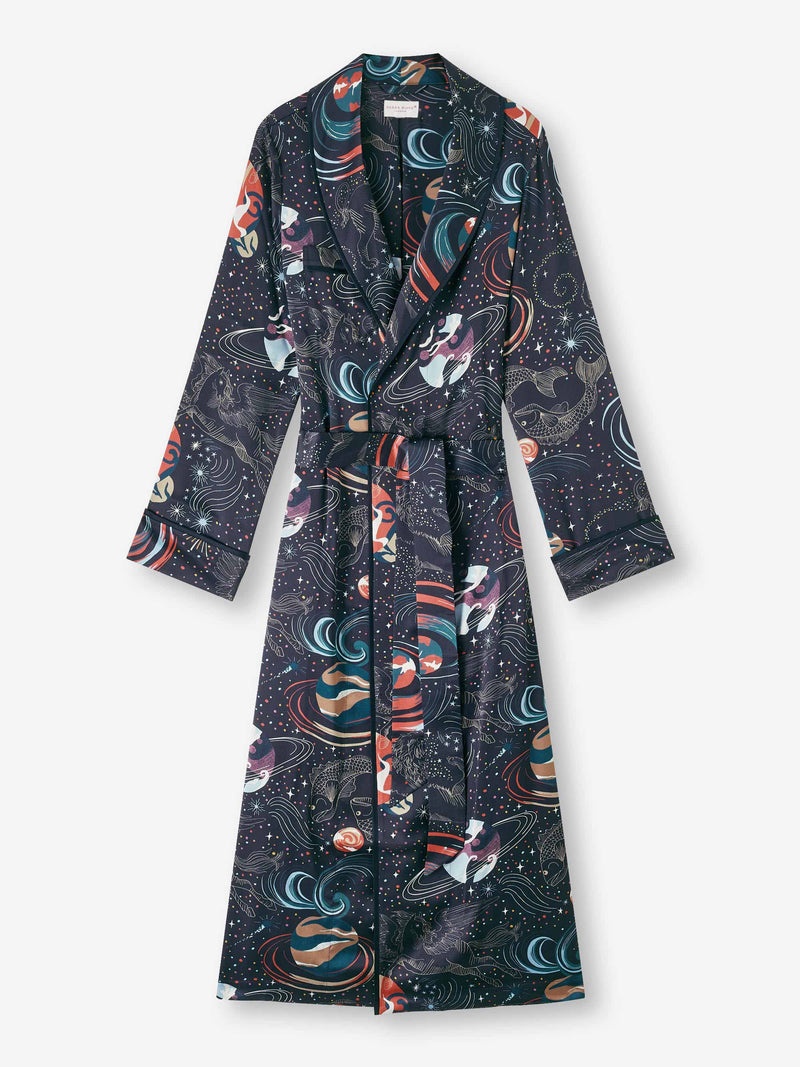 Women's Long Robe Brindisi 105 Silk Satin Navy - 1
