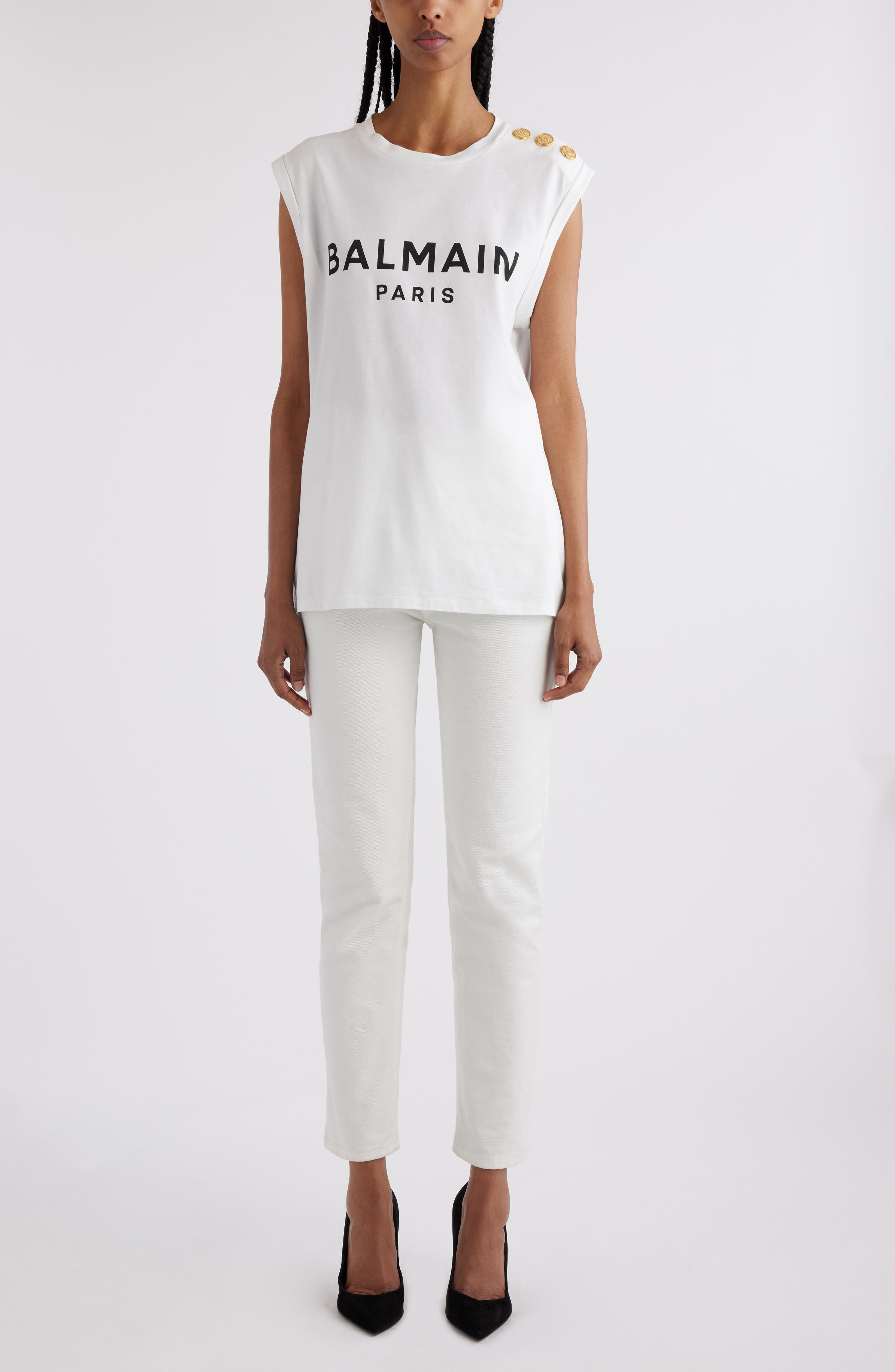 Balmain Cotton Logo Graphic Tank in White/Black at Nordstrom - 2