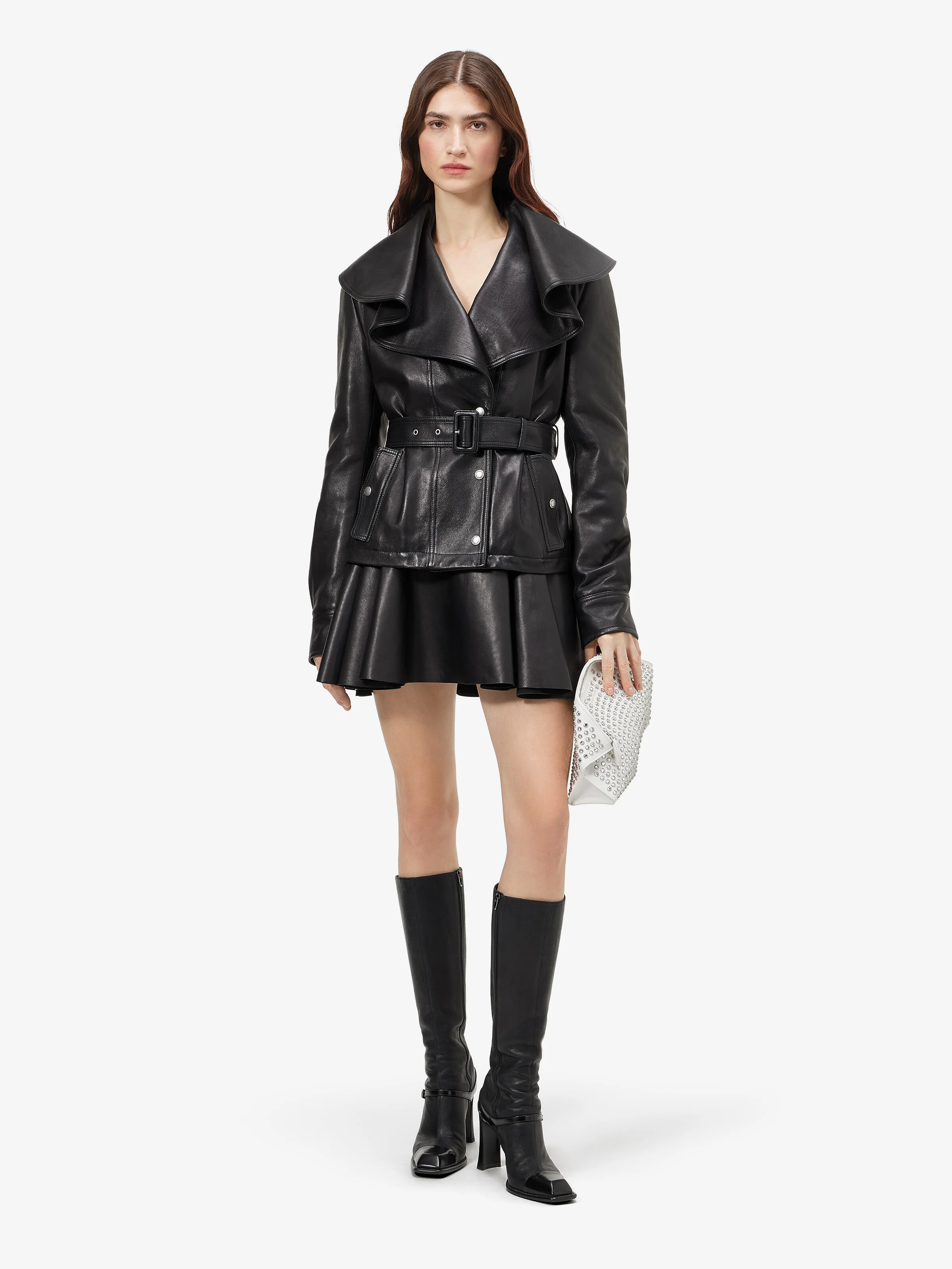 Women's Waterfall Collar Leather Jacket in Black - 1