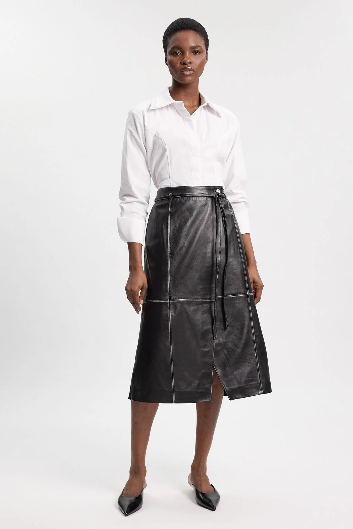 Leather Tie Up Belted Midi Skirt - 1
