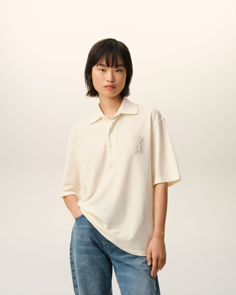 AMI Paris WHITE COTTON AMI DE COEUR KNITTED PATCH POLO outlook