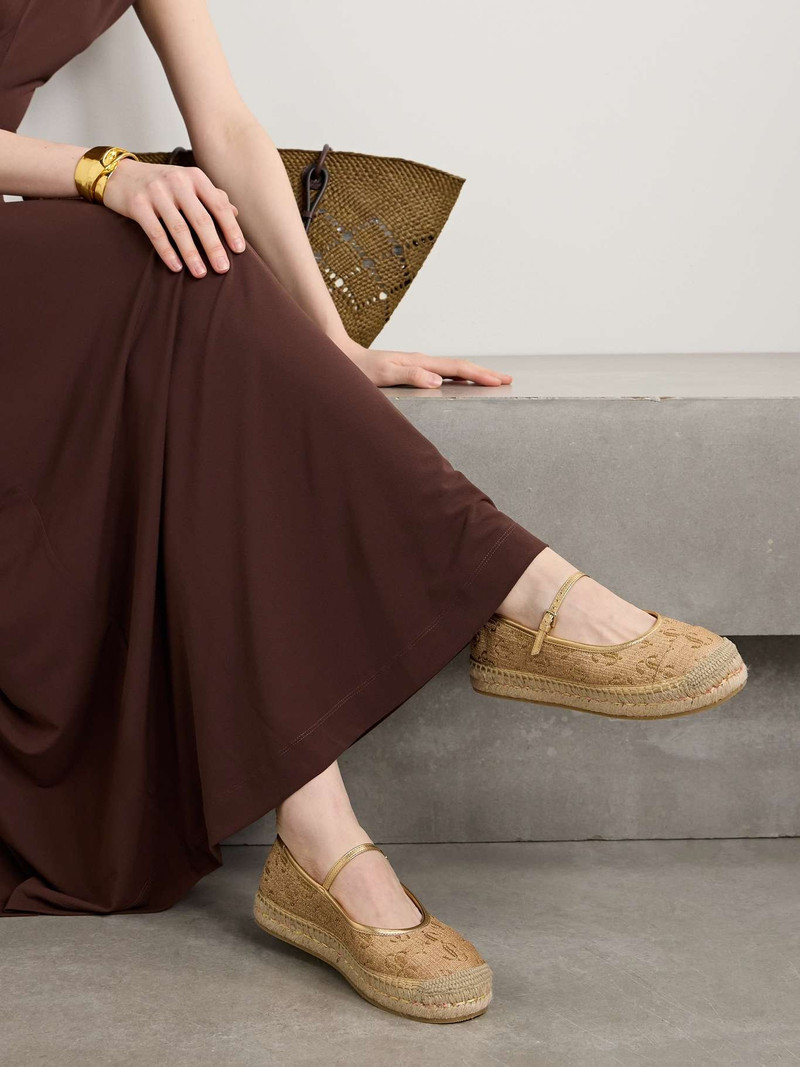 JIMMY CHOO 20 metallic leather-trimmed logo-embroidered straw platform espadrilles Tan outlook