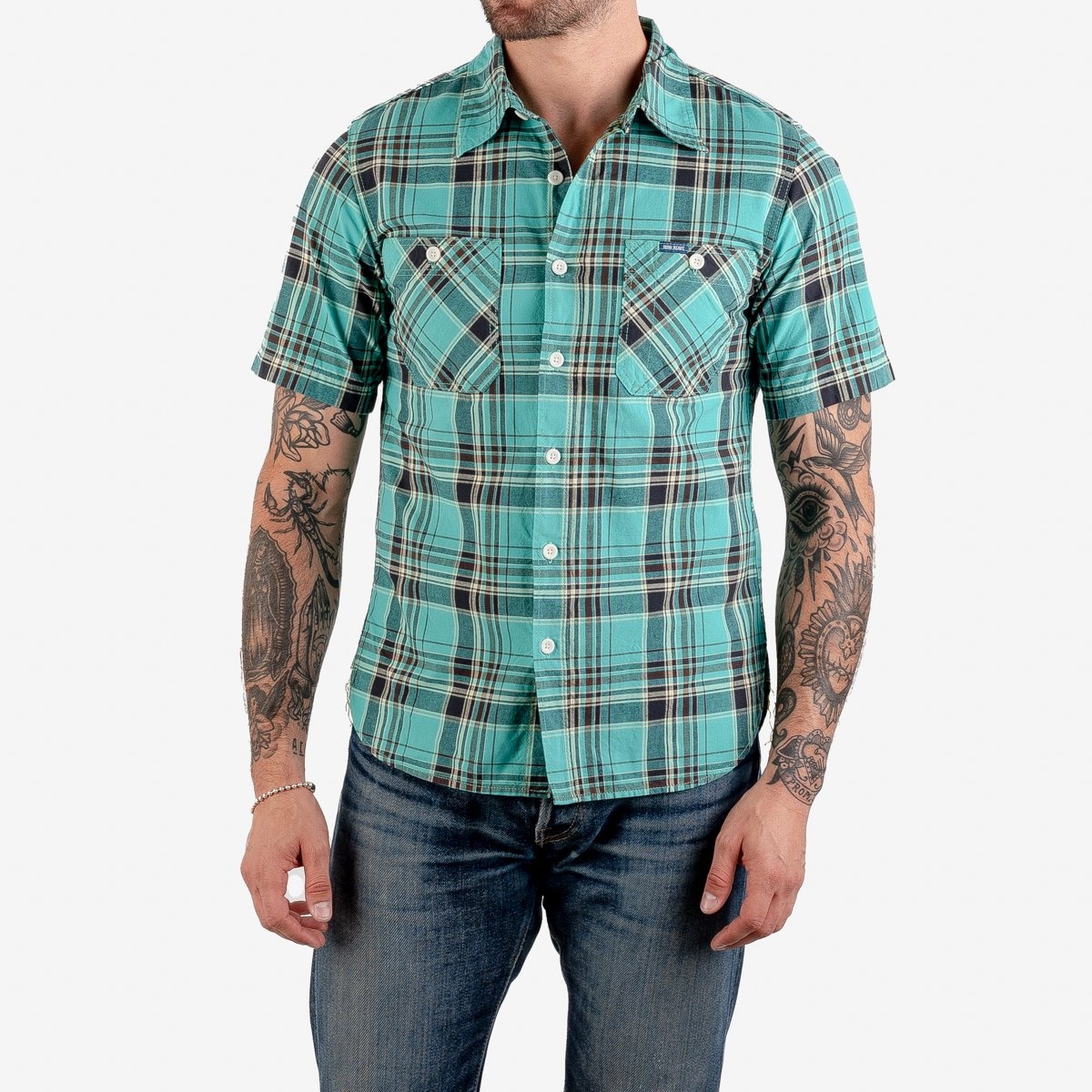 IHSH-360-GRN 5oz Selvedge Madras Check Short Sleeve Work Shirt - Green - 2