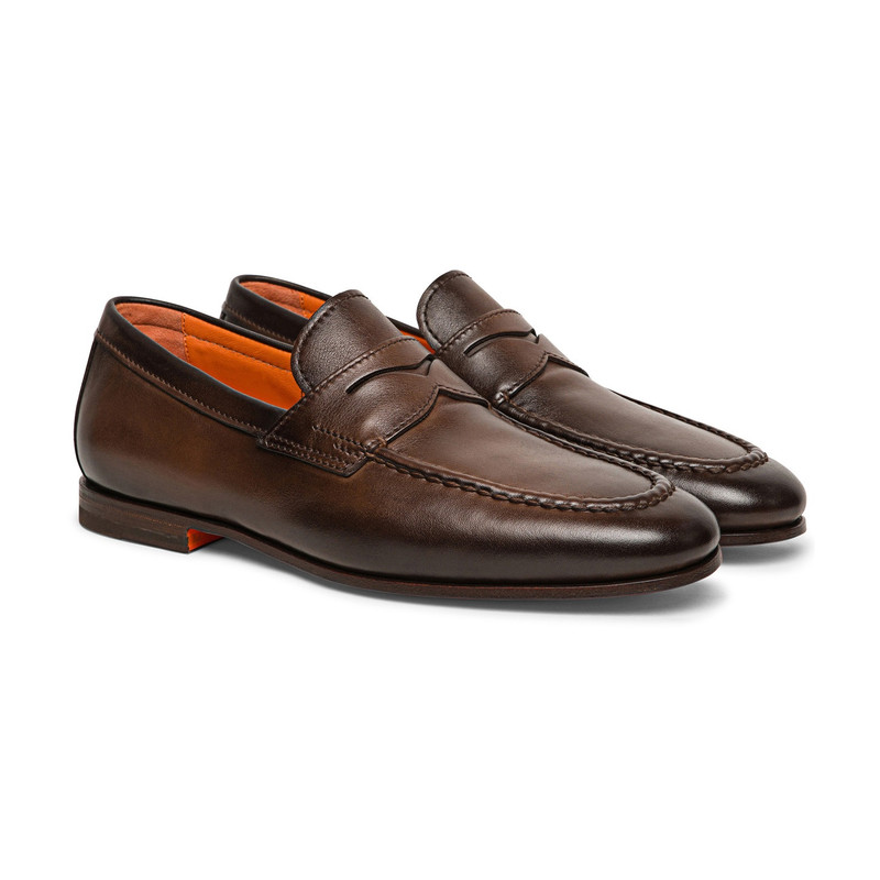 Santoni Men’s polished brown leather penny loafer outlook