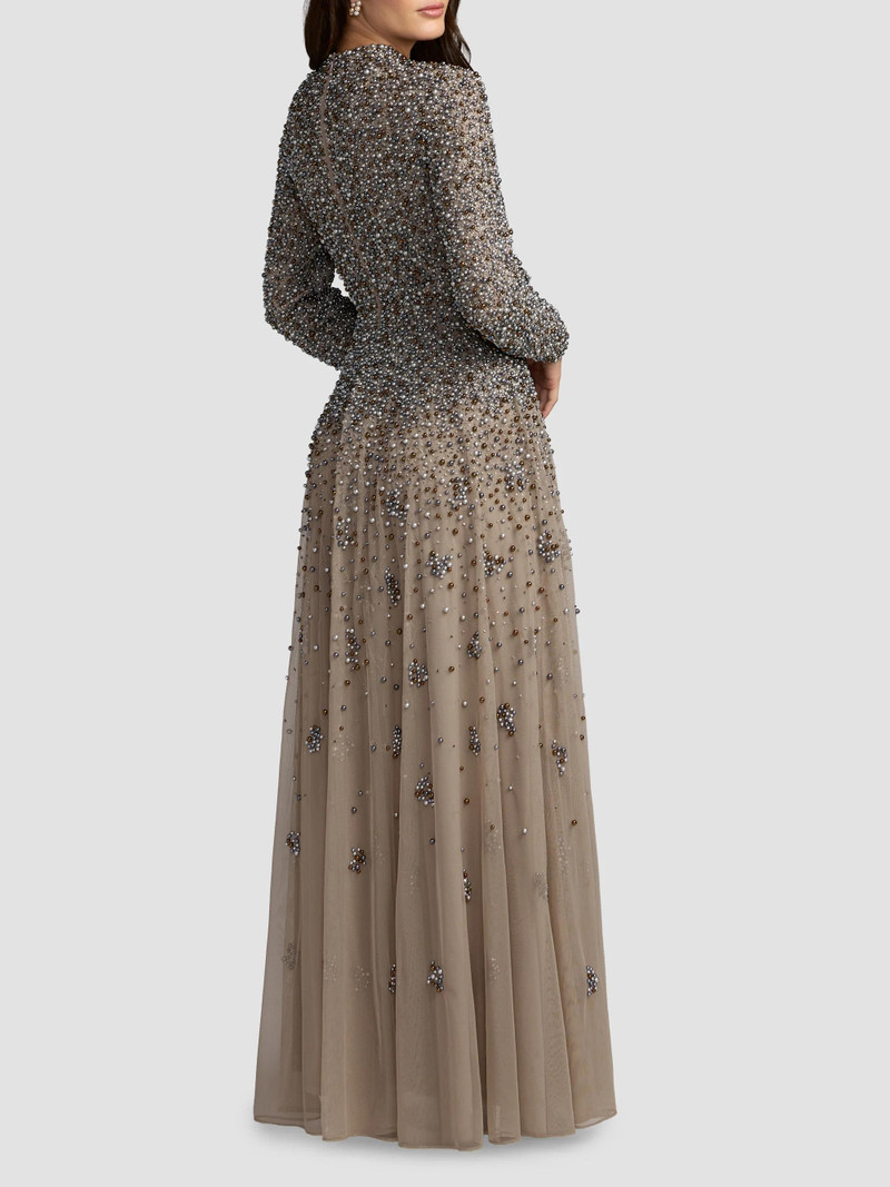 Women's Beaded Mesh Mock Turtleneck Gown - Taupe 3