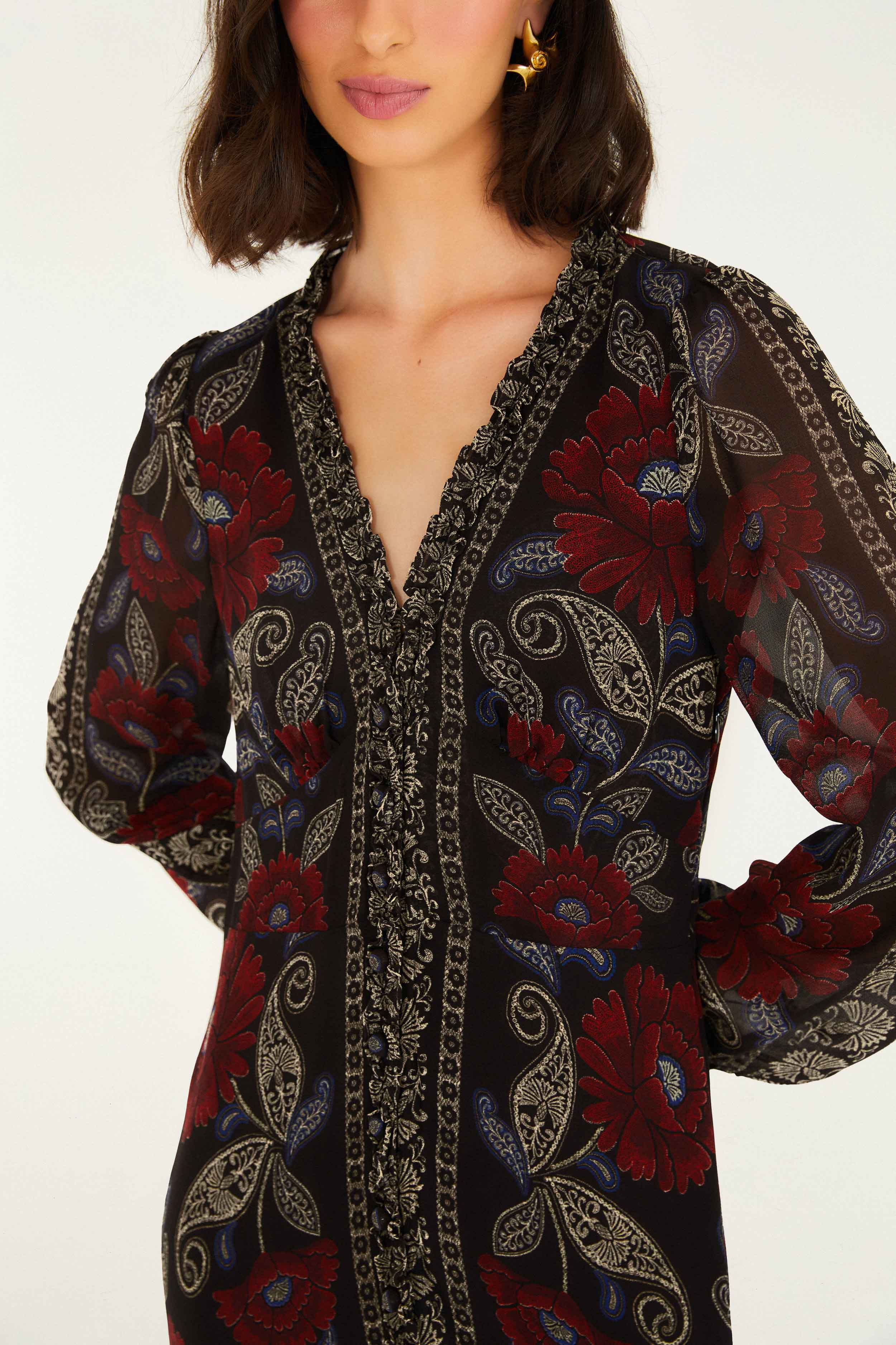 Black Valentina Ruffled Long Sleeve Midi Dress - 3