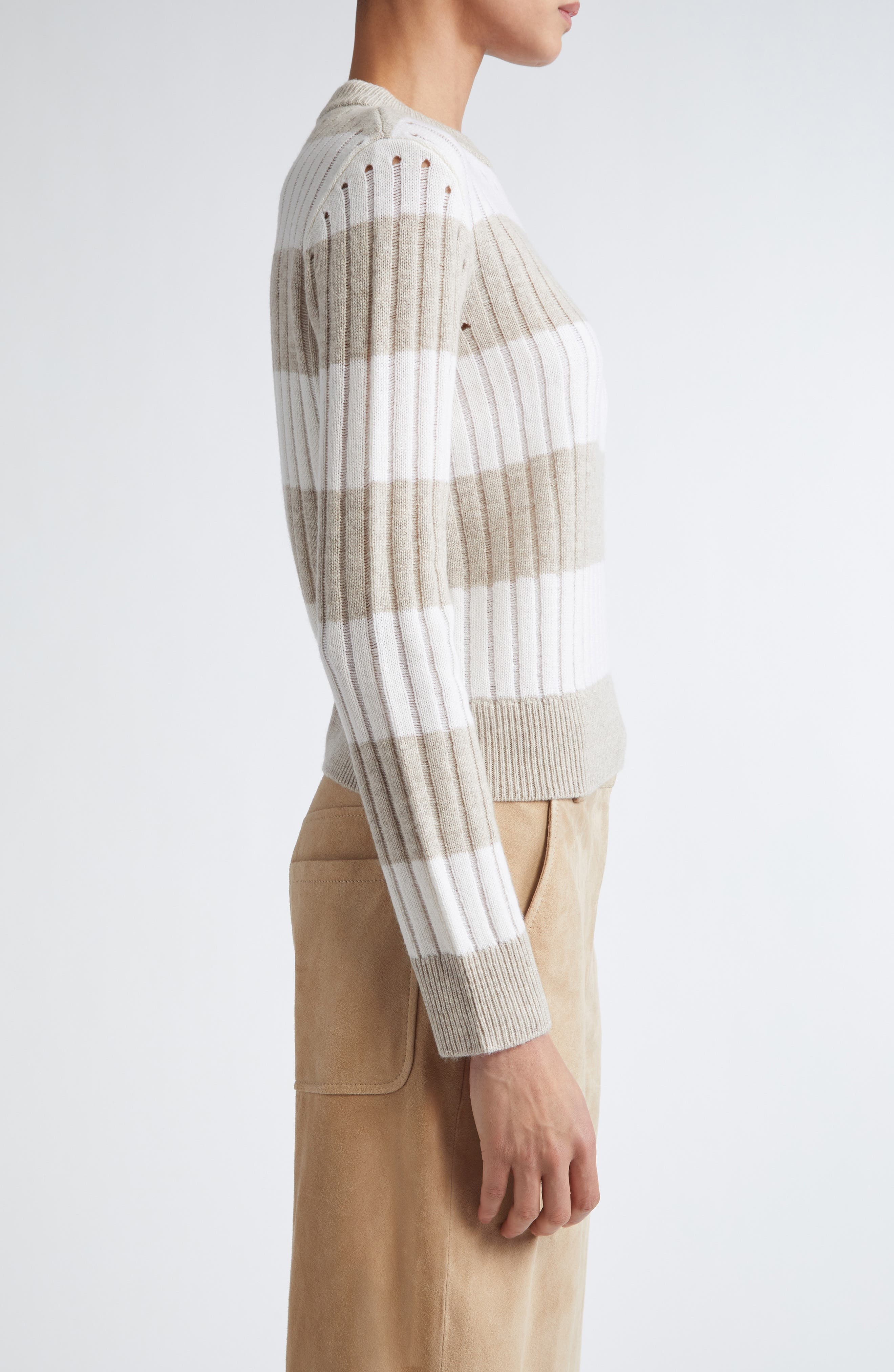Max Mara Alfeo Stripe Rib Wool & Cashmere Crop Sweater in White at Nordstrom - 4