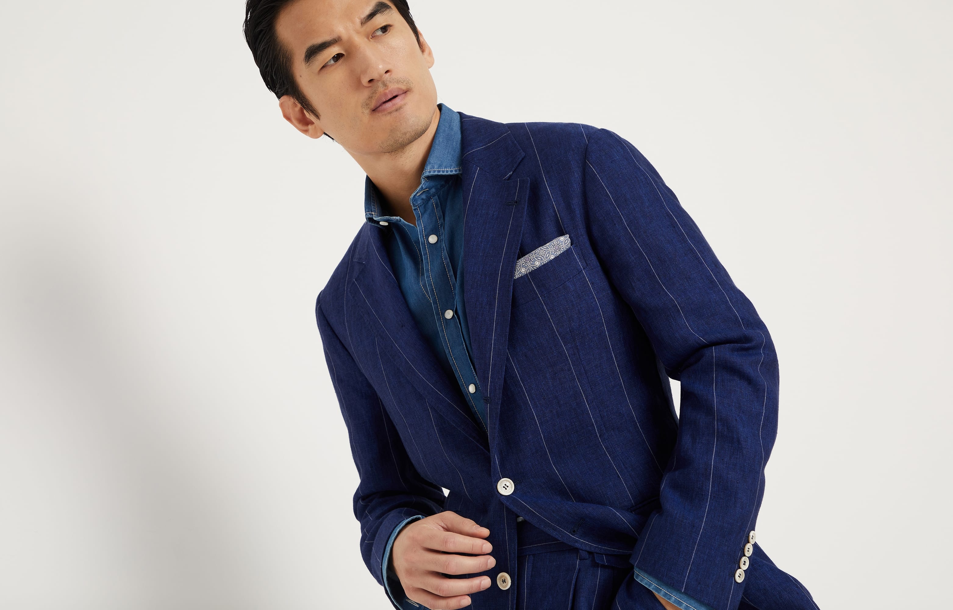 Linen wide chalk stripe Leisure suit: deconstructed jacket and double-pleated trousers with tabbed w - 5