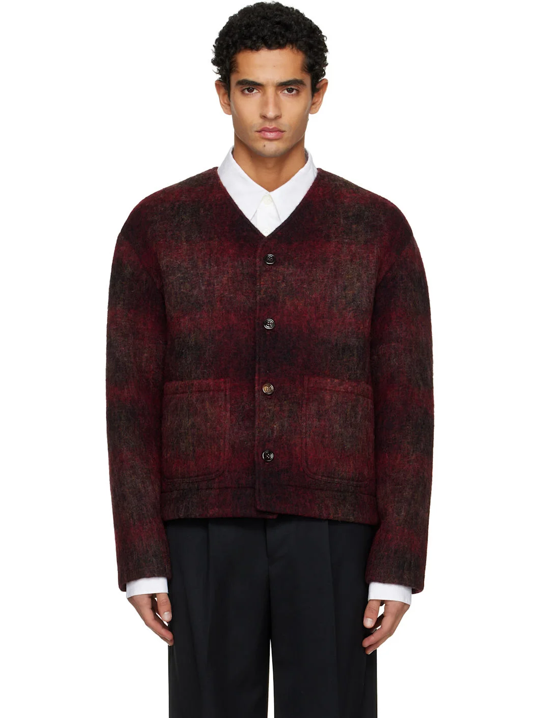 Burgundy V-Neck Cardigan - 1