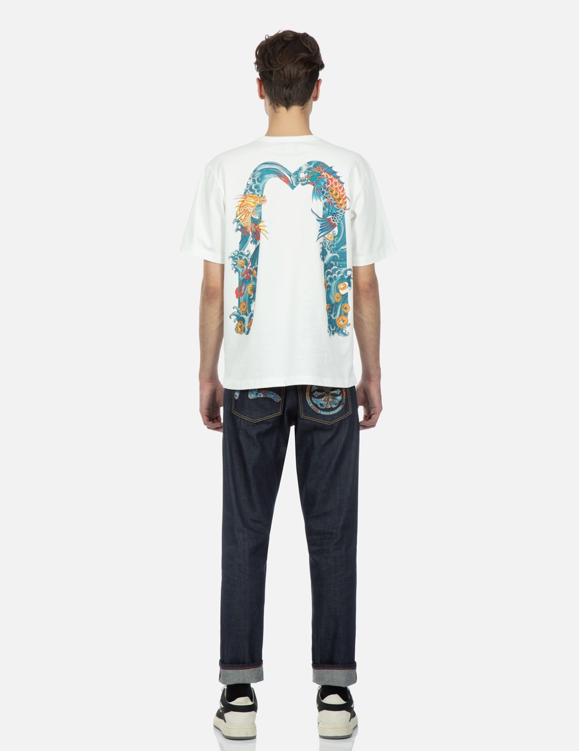 “KOI PLAYING IN WAVES” PATTERN SEAGULL AND KAMON EMBROIDERY CROPPED CARROT FIT JEANS #2017 - 5