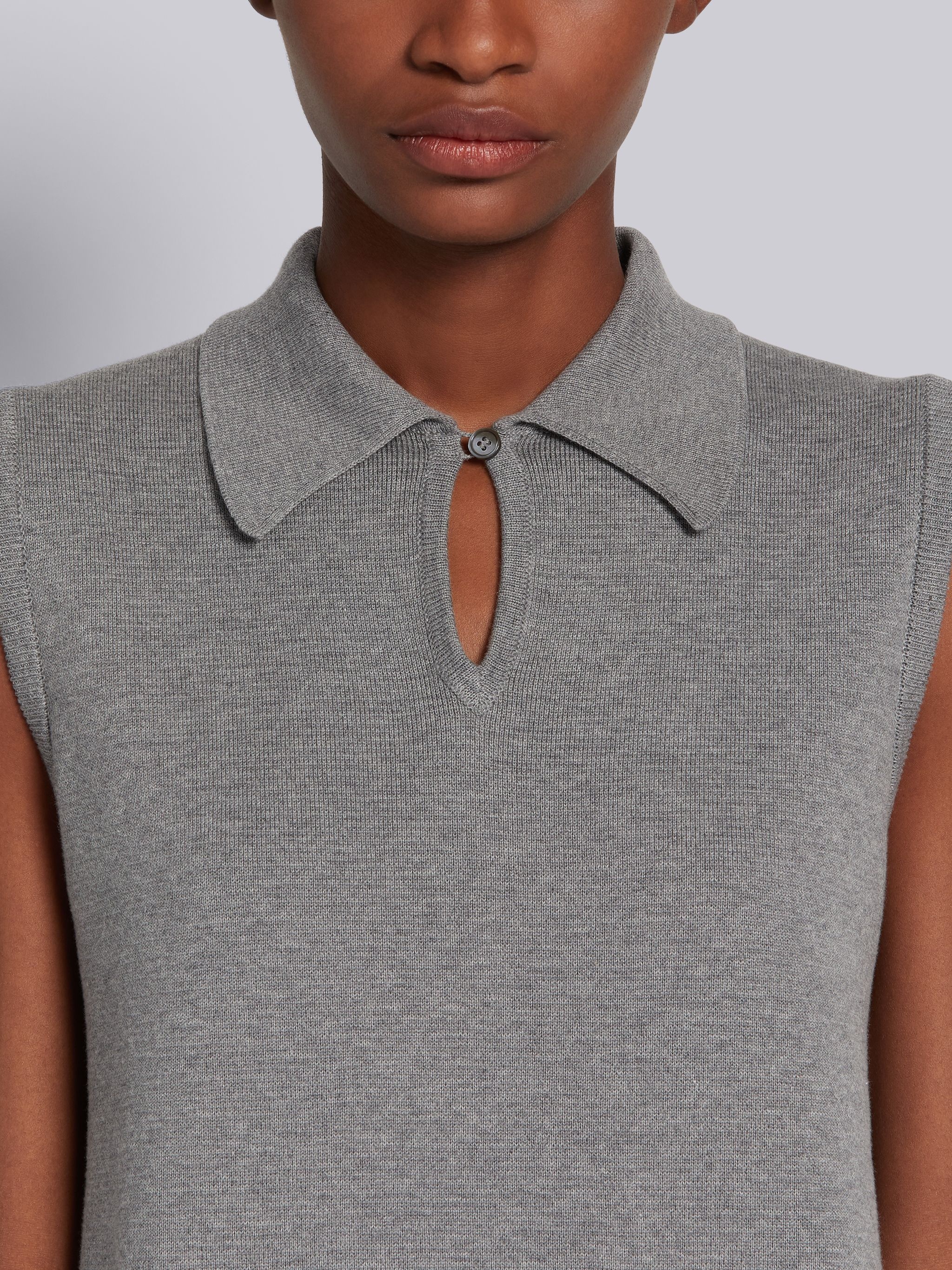 Light Grey Cotton Milano Stitch Silk Rep 4-Bar Stripe Sleeveless Pleated Polo Dress - 4