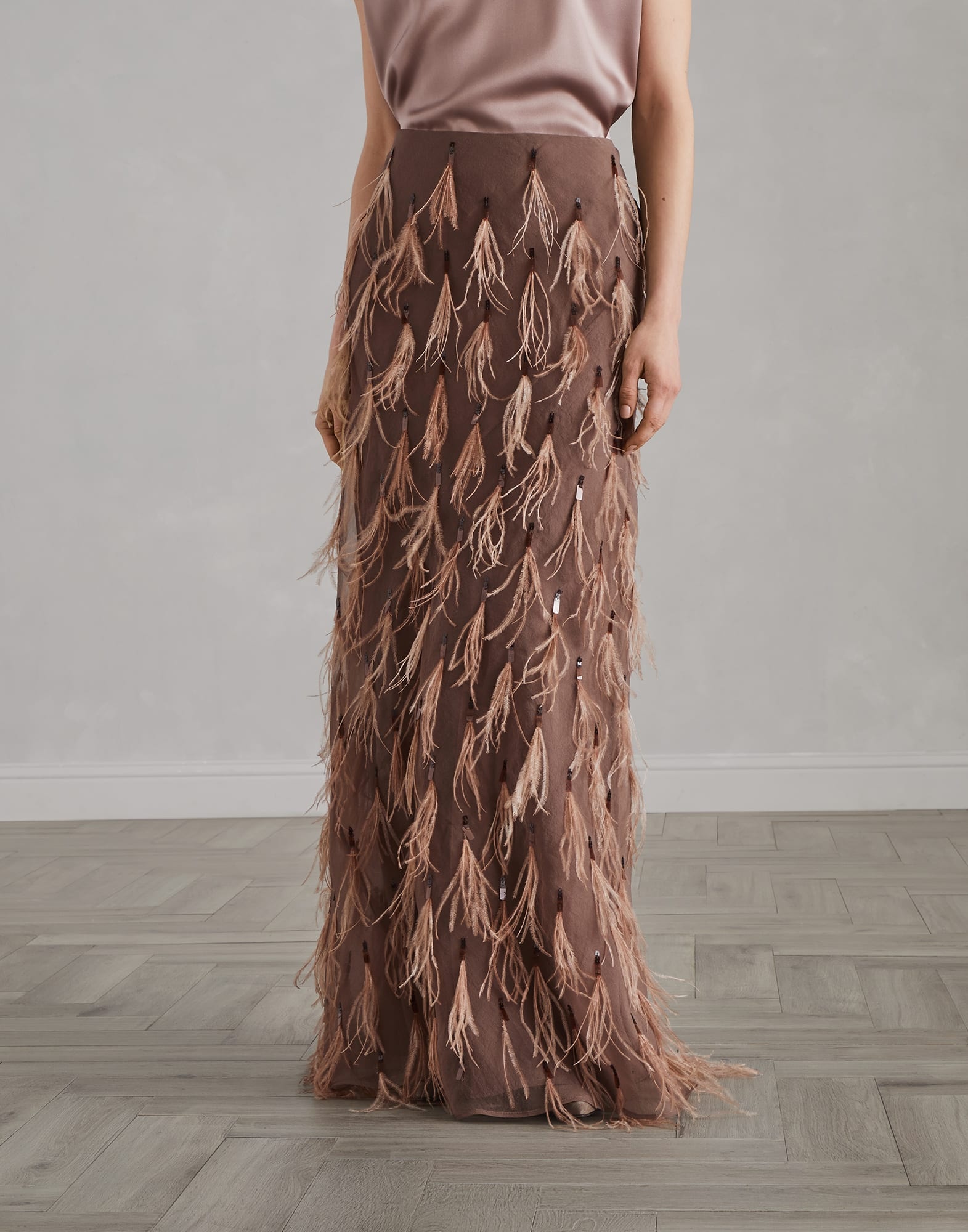 Crispy silk mermaid skirt with dazzling feather embroidery - 1