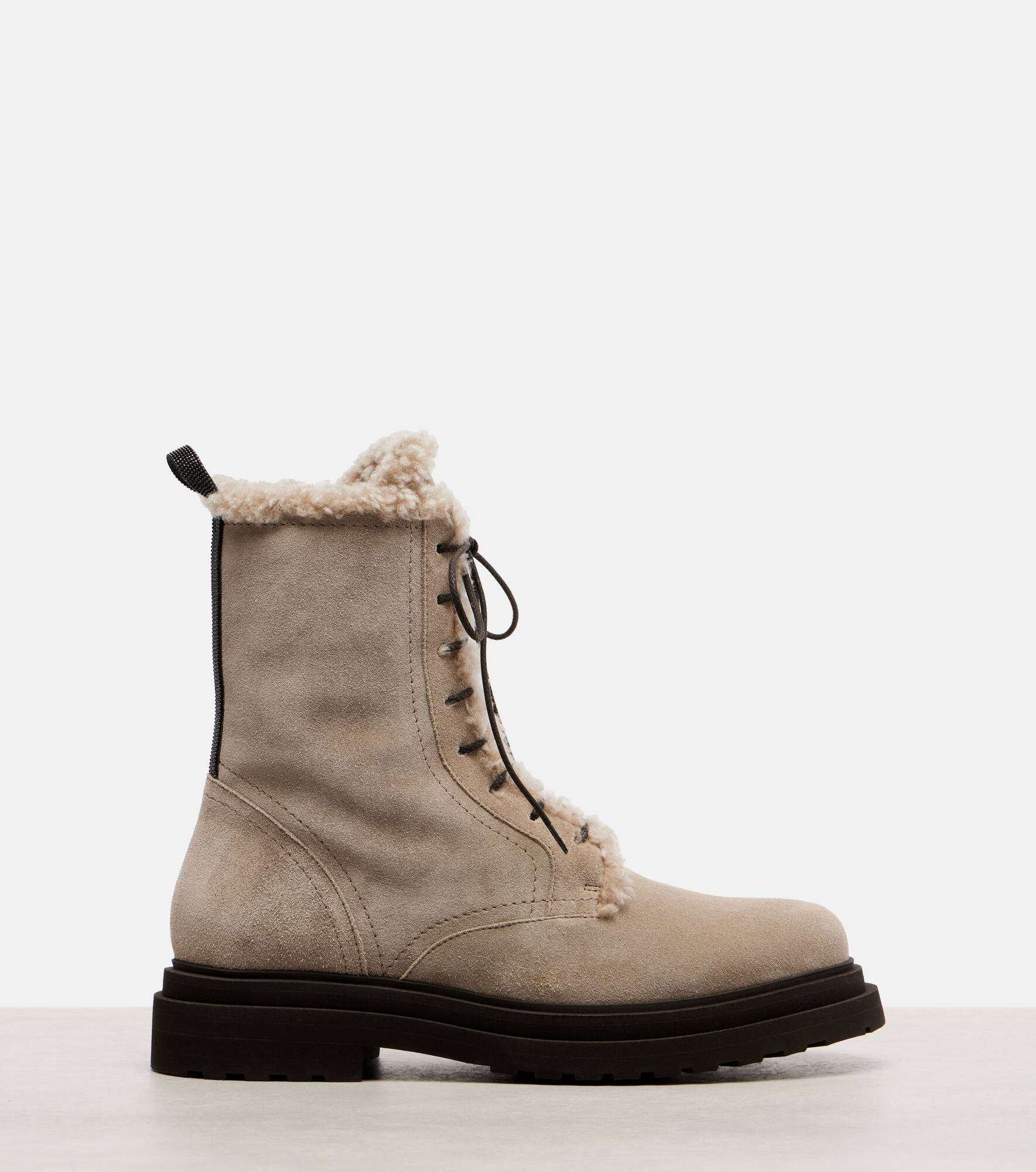 Shearling-trimmed suede combat boots - 4