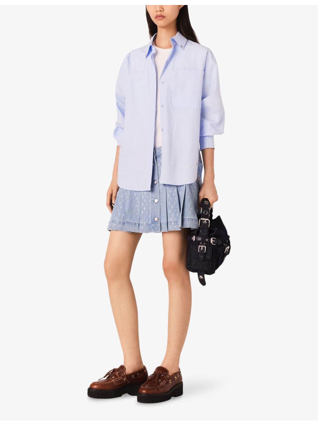 Rhinestone-Embellished Pleated Denim Mini Skirt - 2