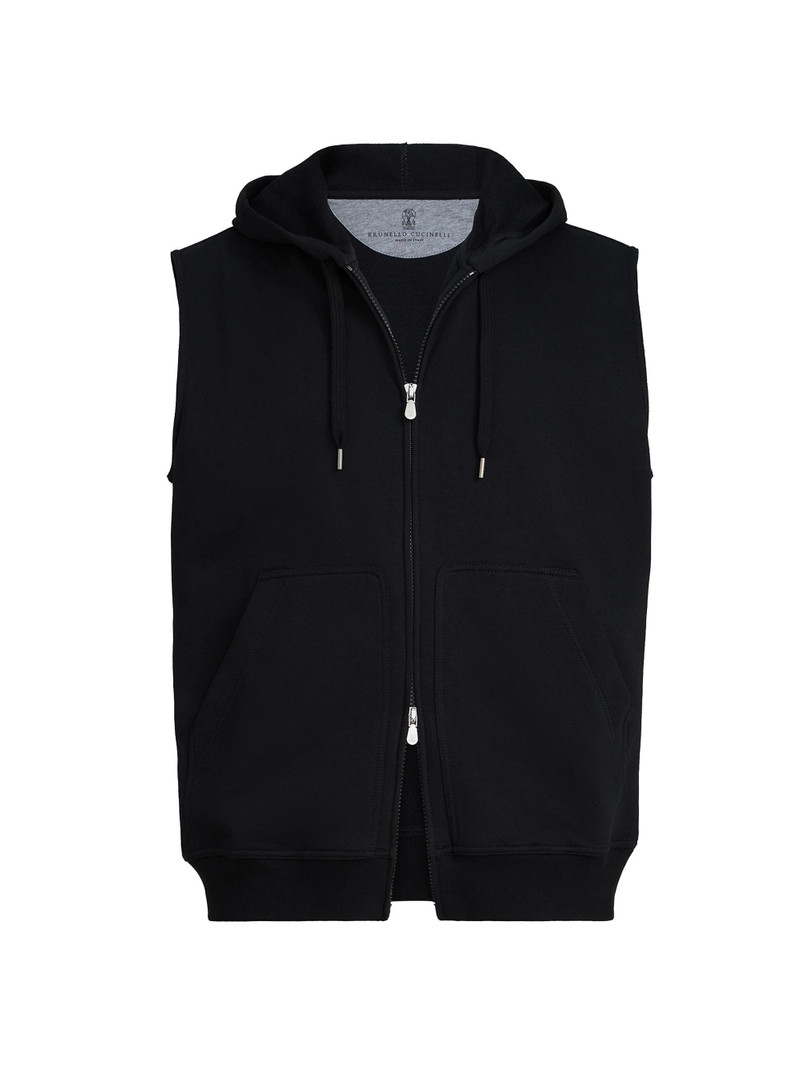 Men's Techno Cotton French Terry Sleeveless Sweatshirt with Zipper and Hood - Black 1