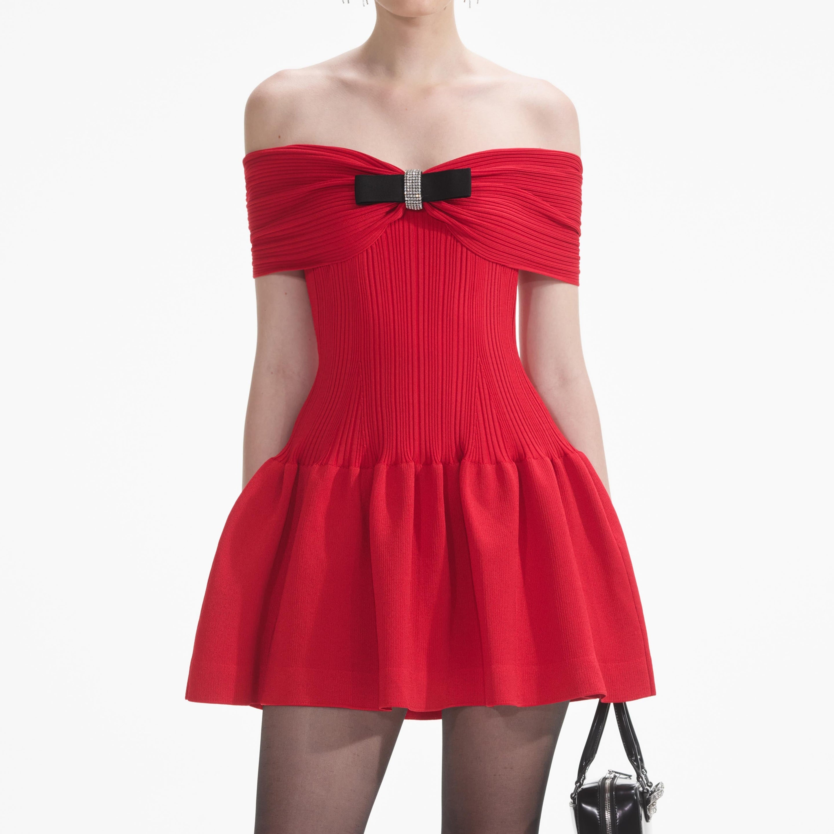 Red Knit Bow Mini Dress - 4