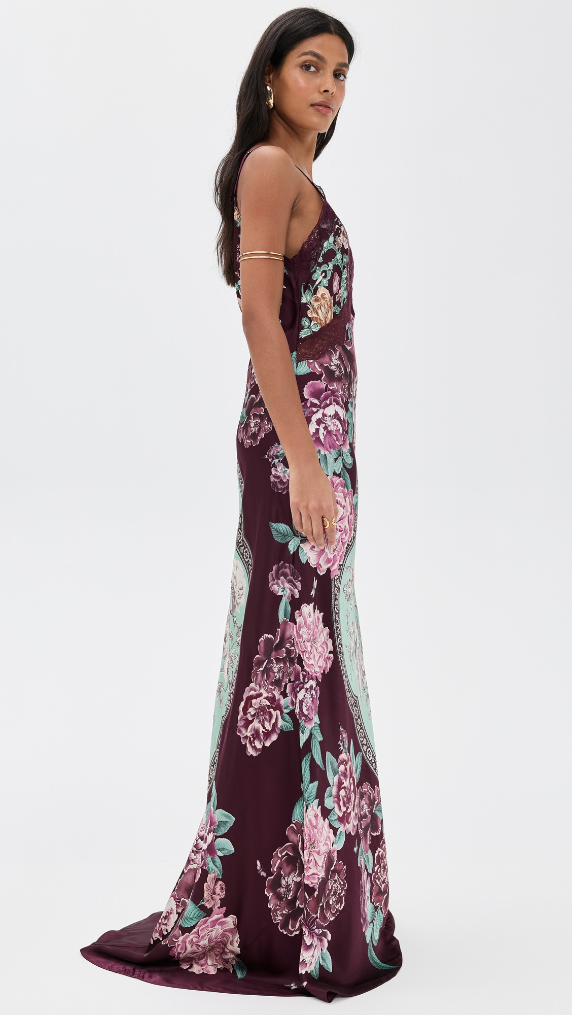 V Neck Long Bias Silk Slip Dress with Train - 3