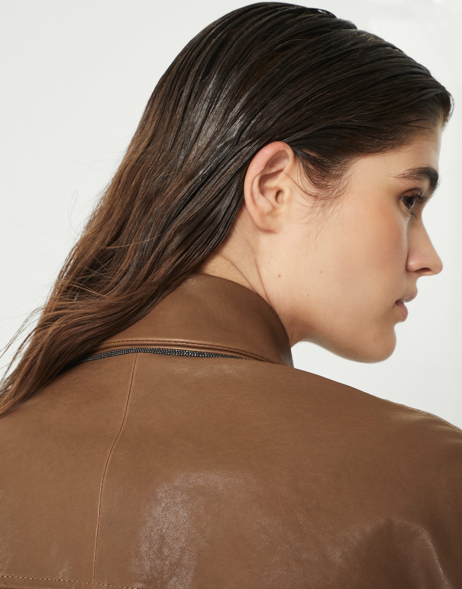Polished leather outerwear blazer  with monili - 3
