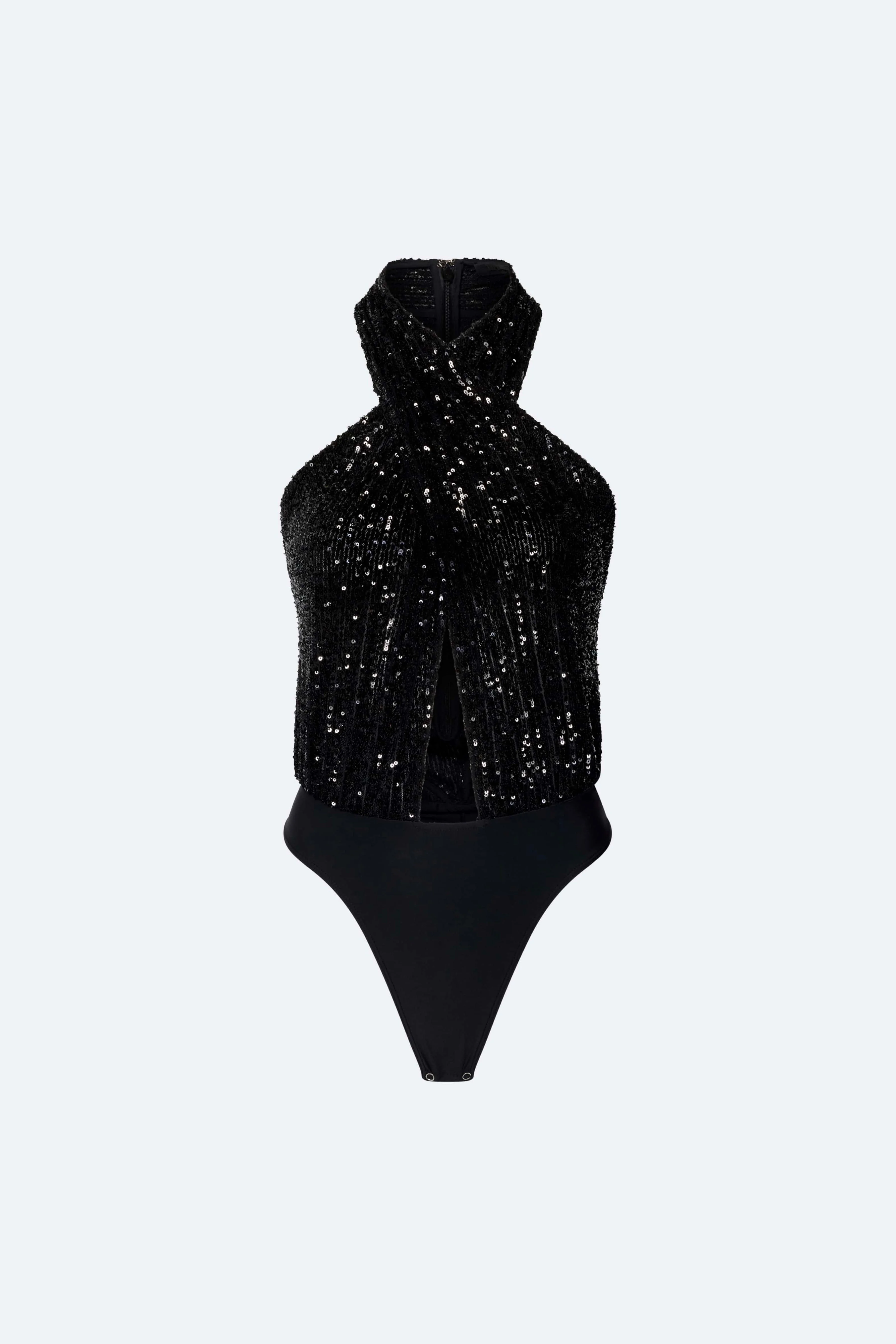 Mini Stretch Sequin Halter Cutout Bodysuit - 1