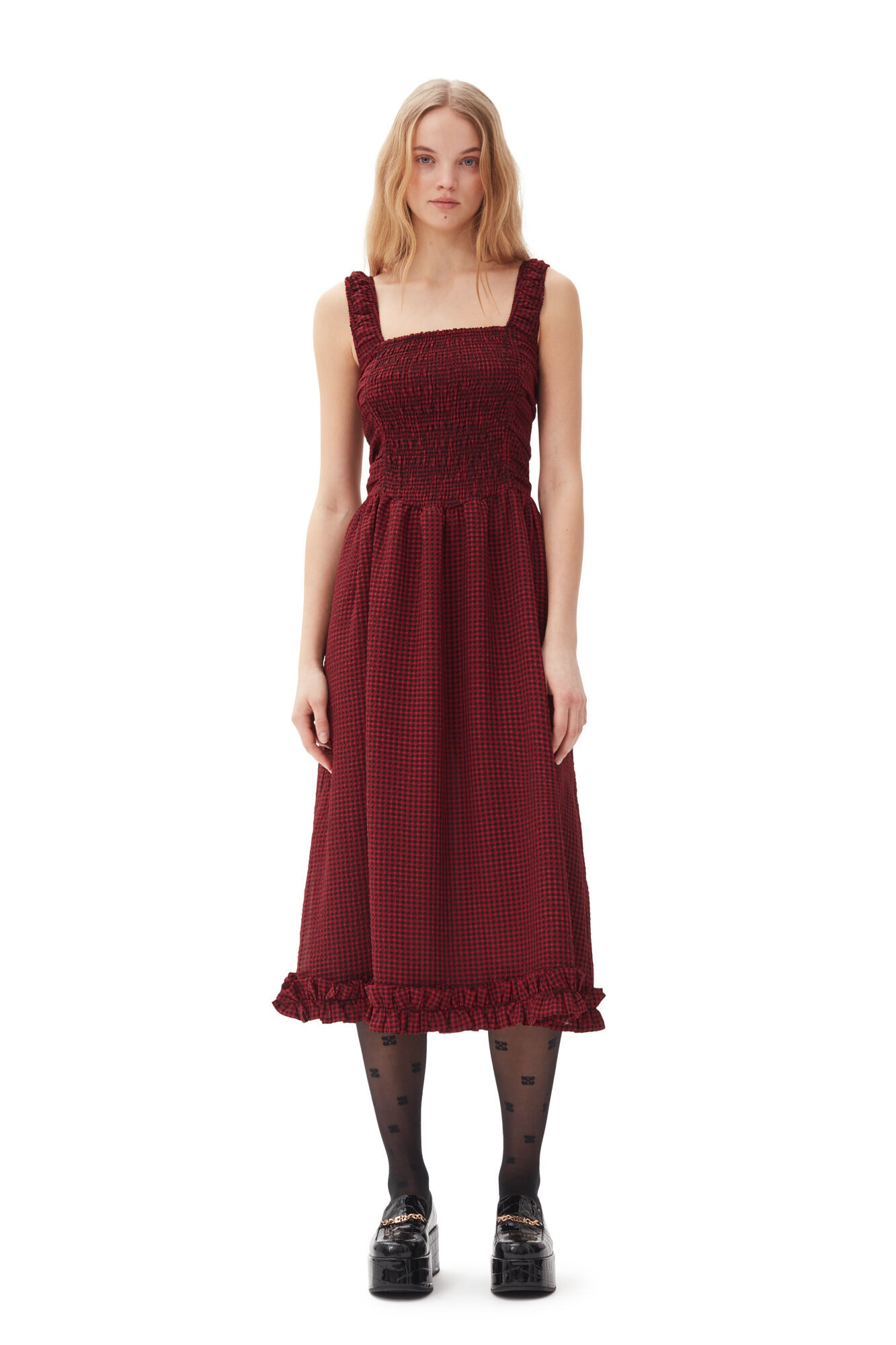 RED SHEER MIDI STRAP SMOCK DRESS - 2