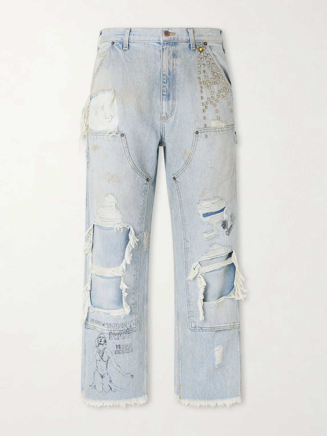 Straight-Leg Distressed Studded Jeans - 1