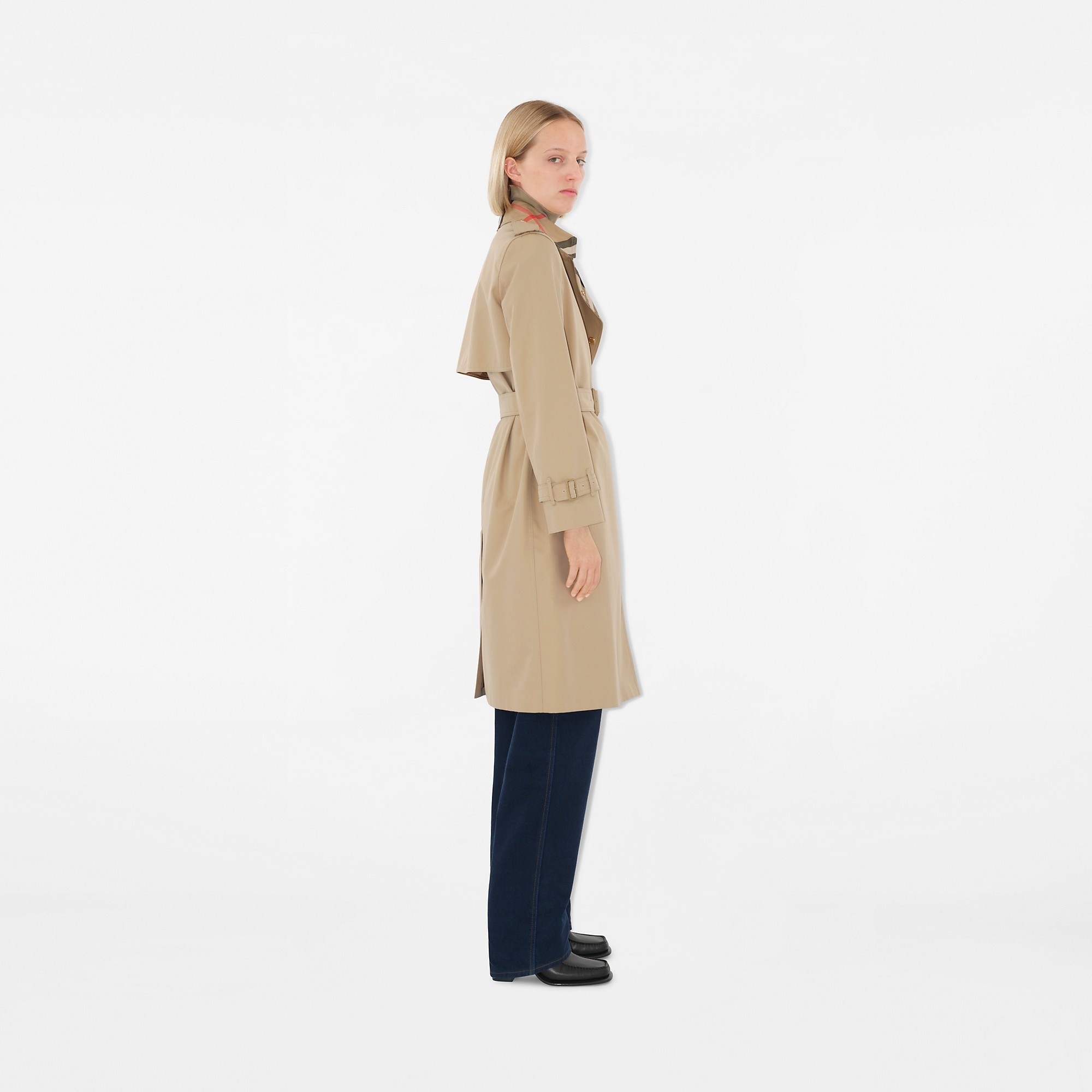 Long Check Collar Gabardine Trench Coat - 3