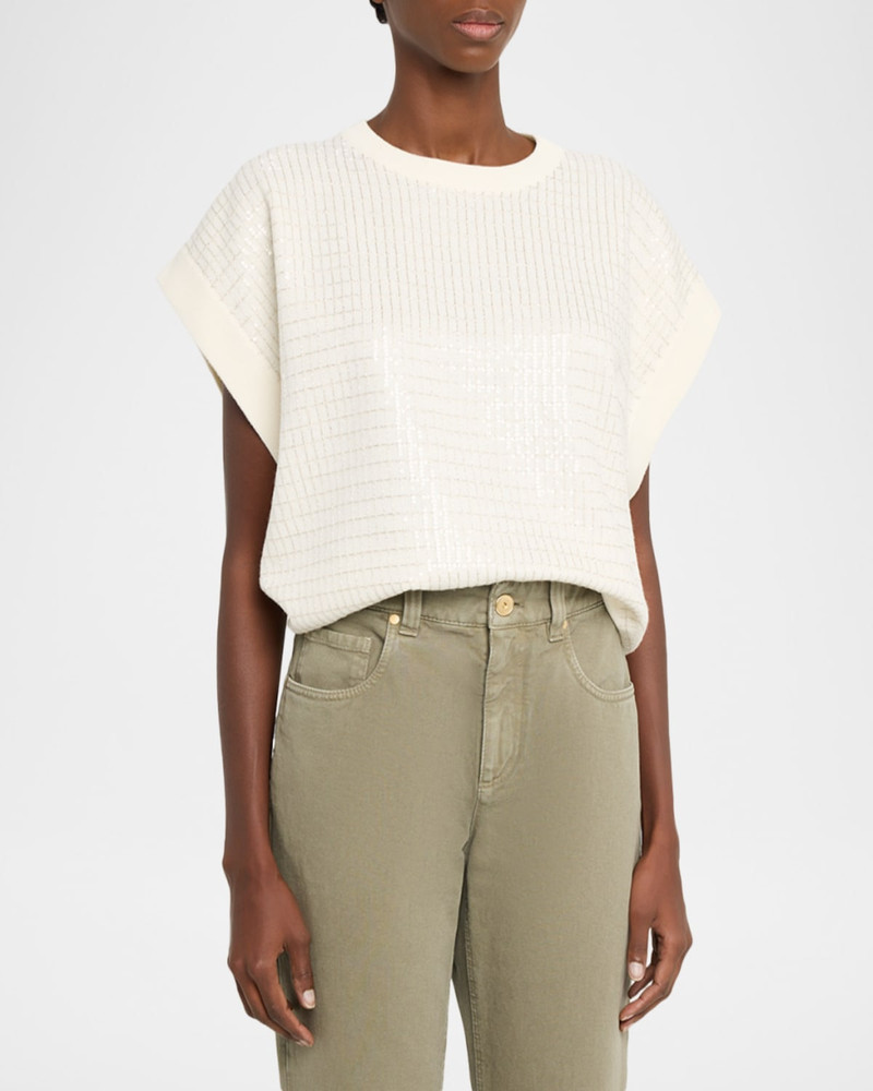 Windowpane Paillette Wool-Cashmere Short-Sleeve Sweater 4
