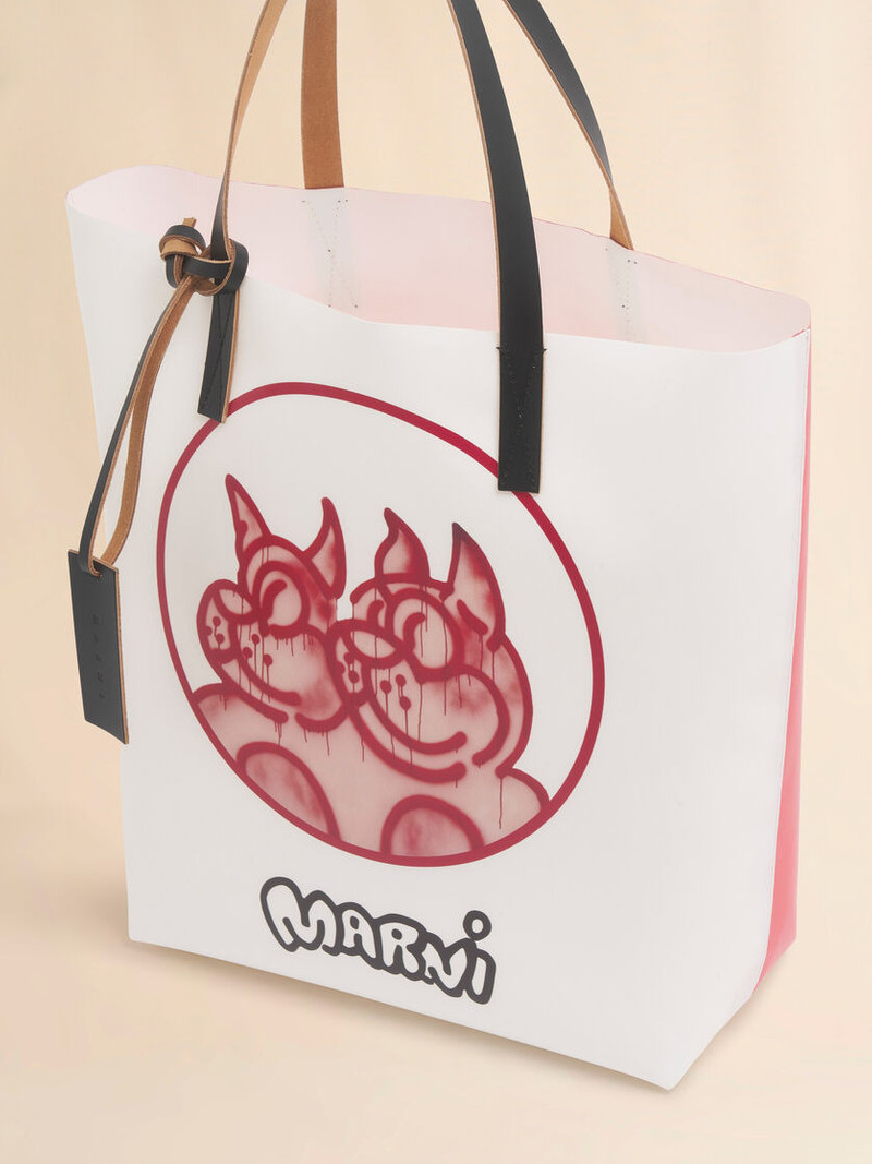 WHITE AND RED FABRIC TRIBECA TOTE WITH DOGS PRINT 5