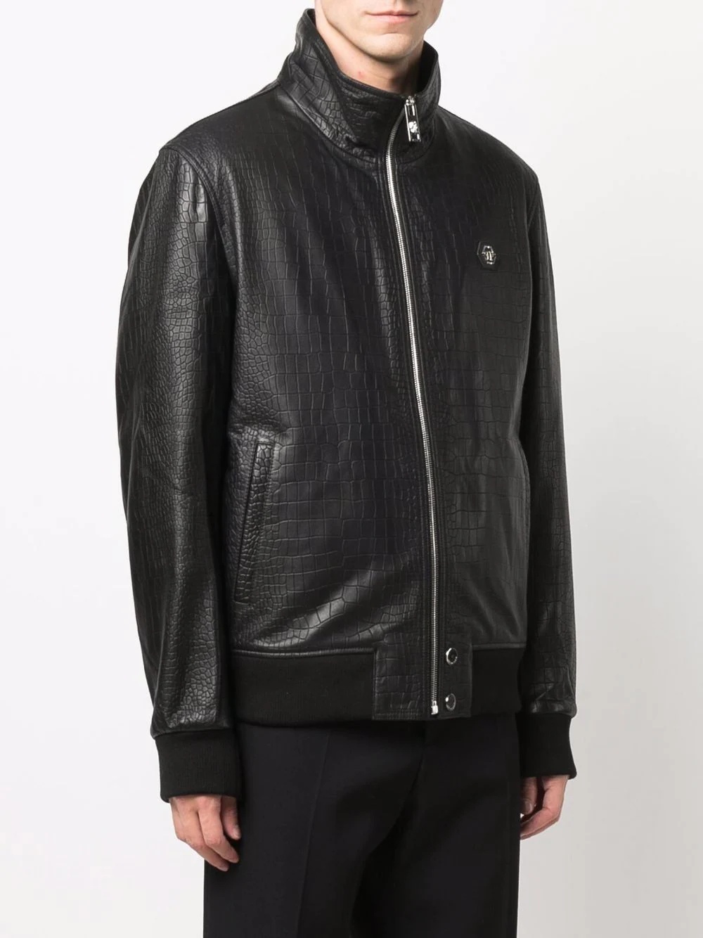 crocodile-effect leather bomber jacket - 3