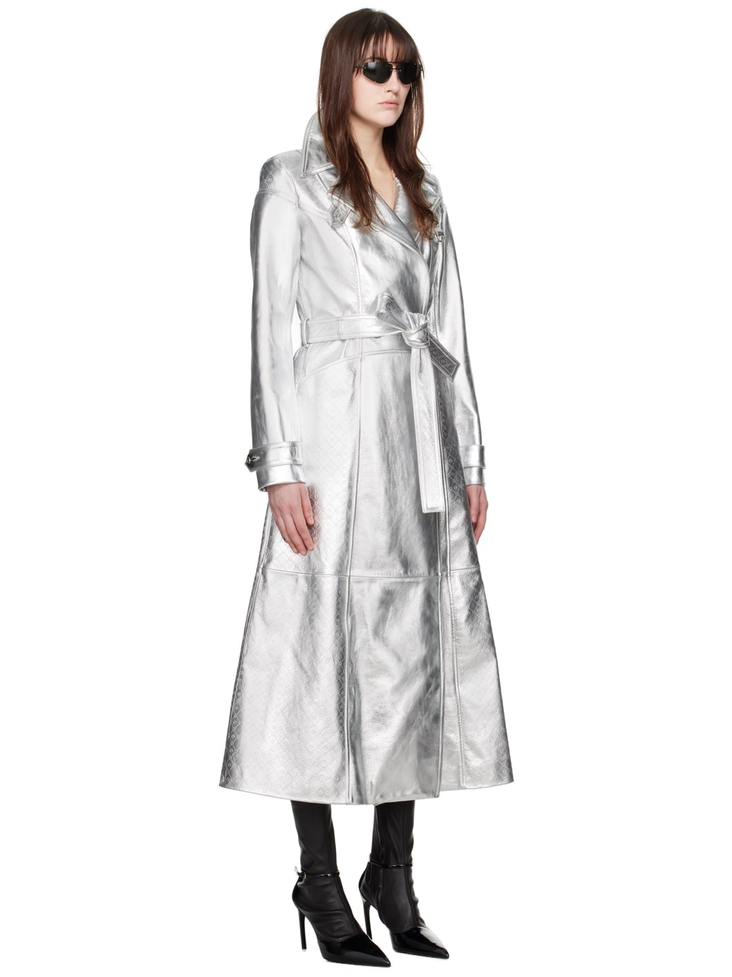 Silver Laminated Leather Trench Coat - 2