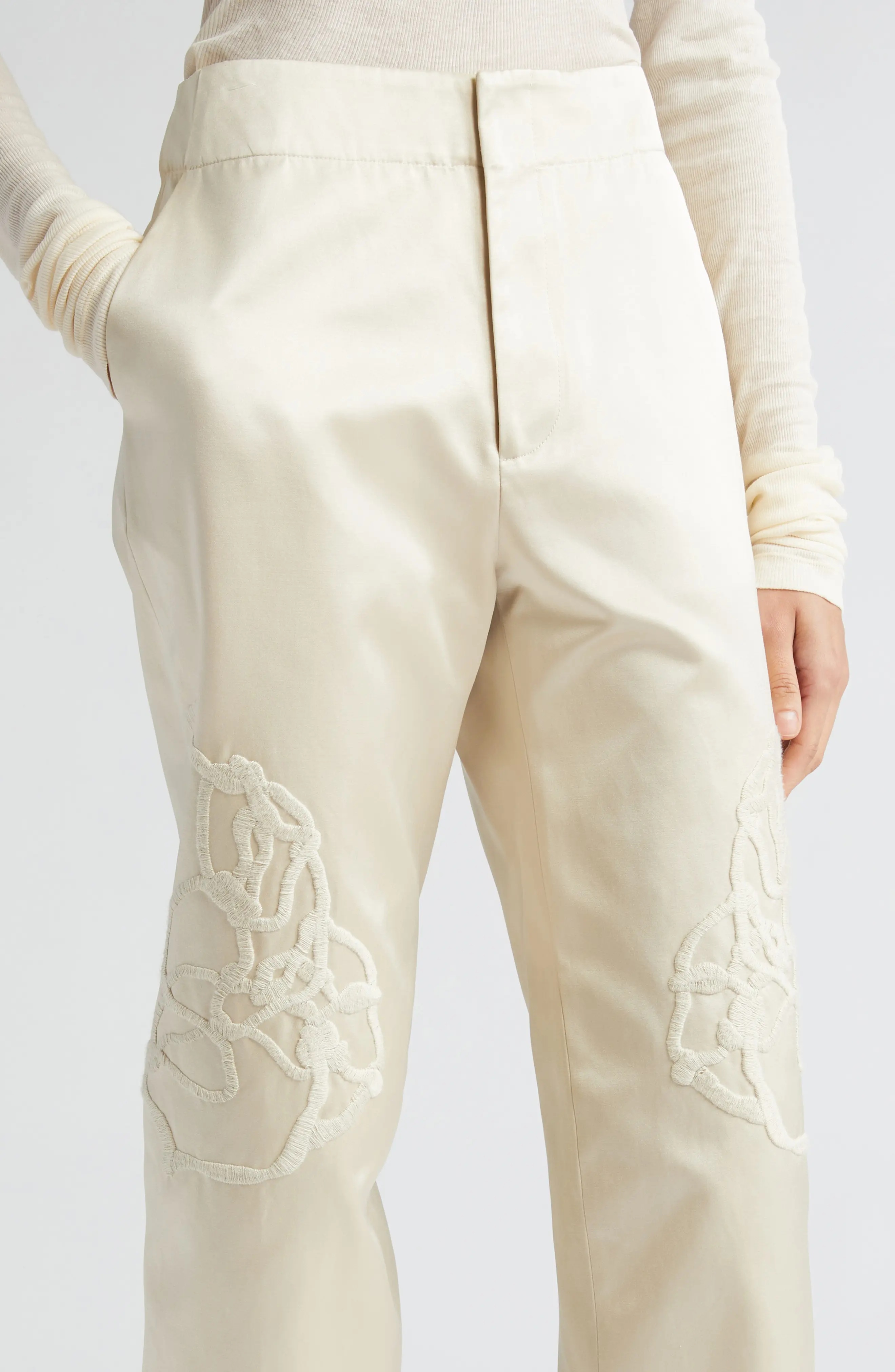 Cheval Floral Embroidered Crop Satin Straight Leg Pants - 4